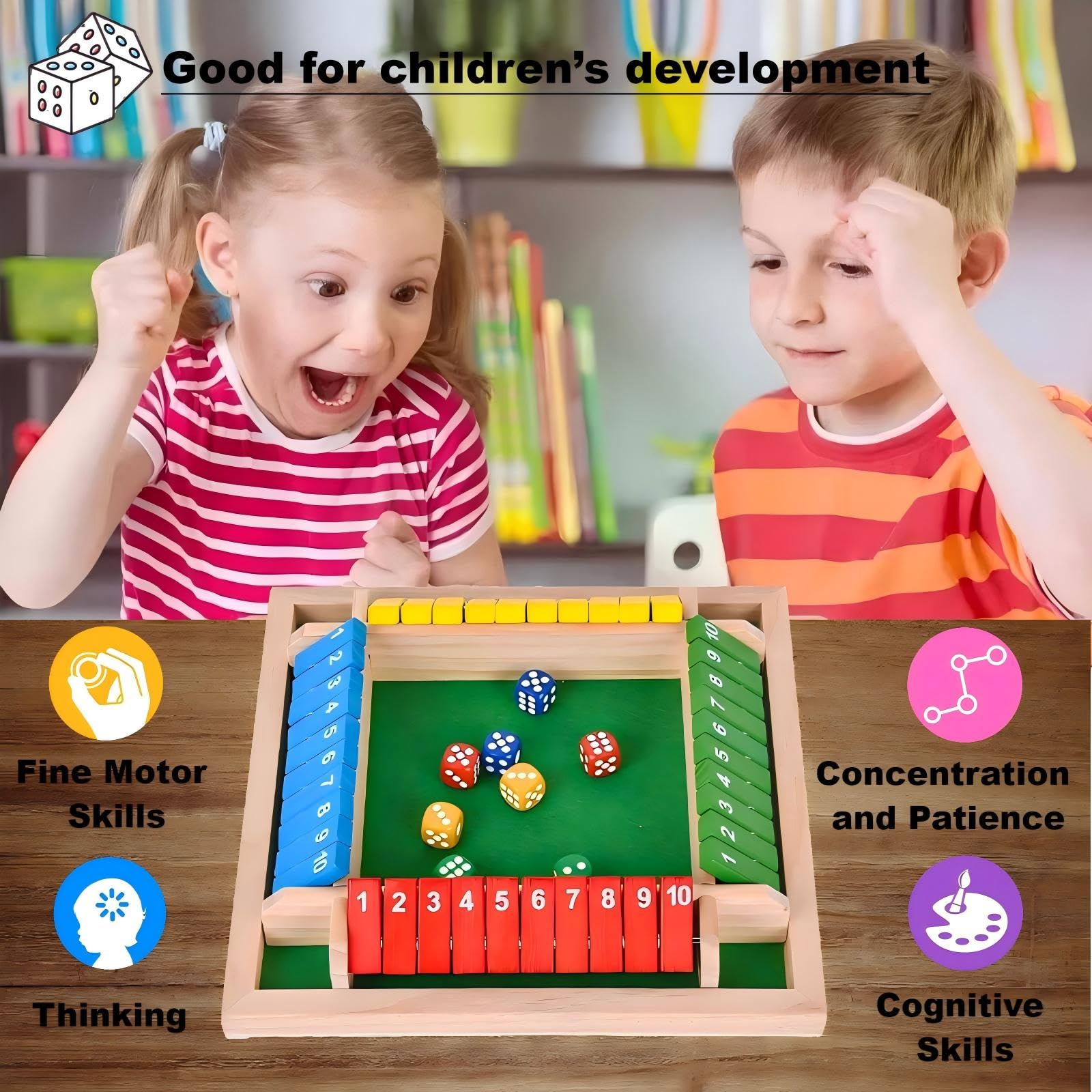 Shut The Box Game Dice Game, 2-4 Player Math Learning Toy for Adult Kids 5-7 8-12, Educational Wooden Board Tabletop Game with 8 Dice for Family