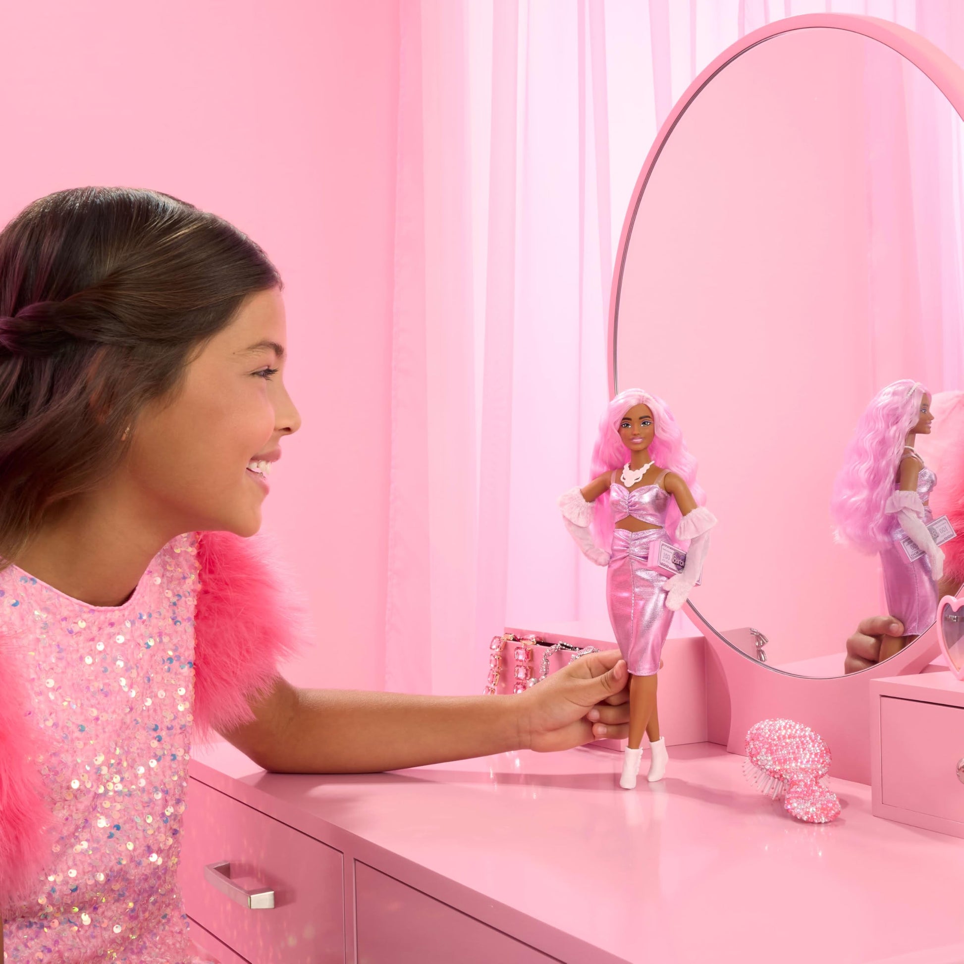 Barbie Deluxe Style Doll #1 in Barbiecore Outfit, Pink Hair and Glossy Pink Dress with Accessories Like Velvet Gloves, Money Purse, and More