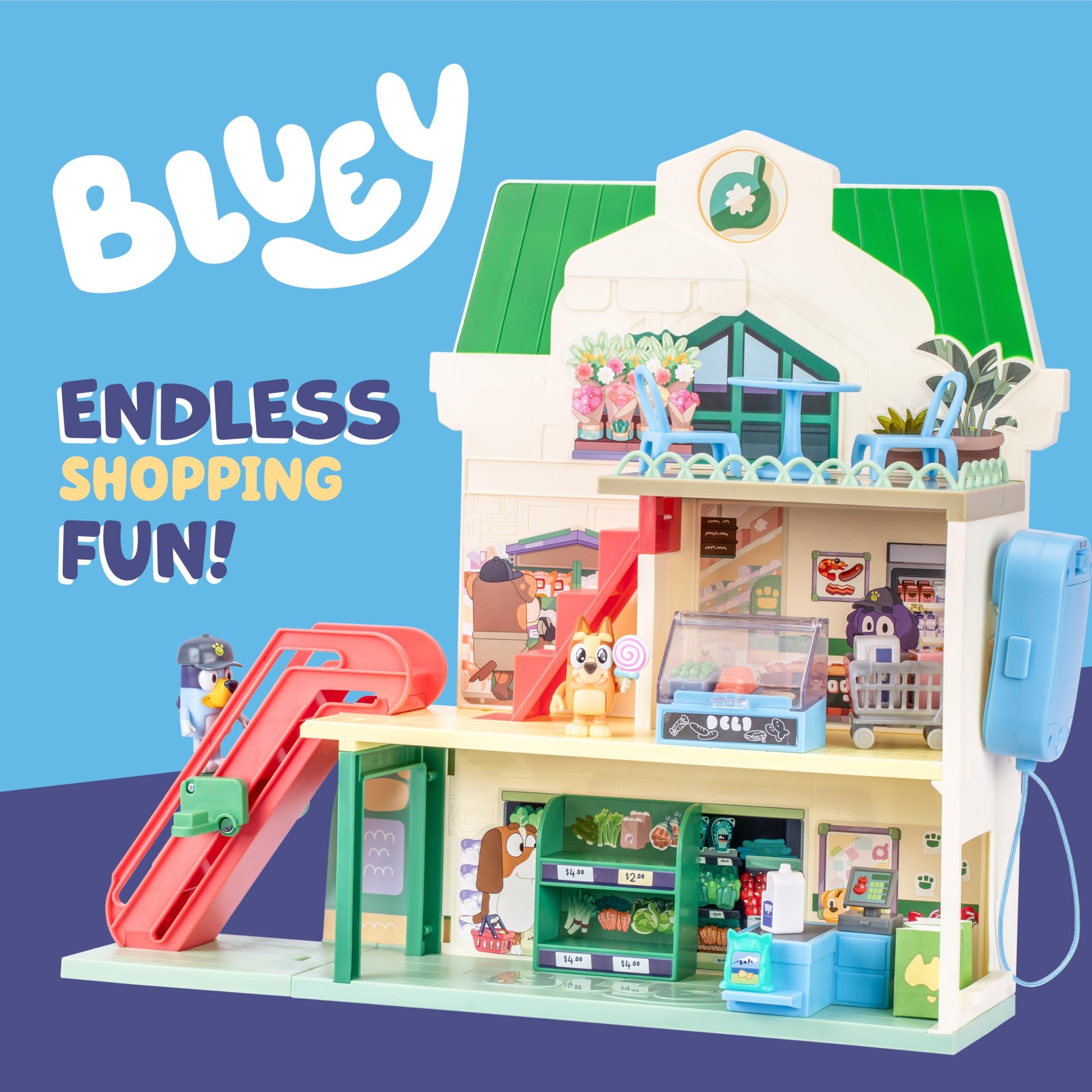 Bluey and Bingo Supermarket Playset, Escalator & Sounds, 15 Pieces