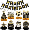 9 Pcs Happy Birthday Party Table Decorations, Black and Gold Party Decorations With Happy Birthday Banner for Girls Boys Women Men