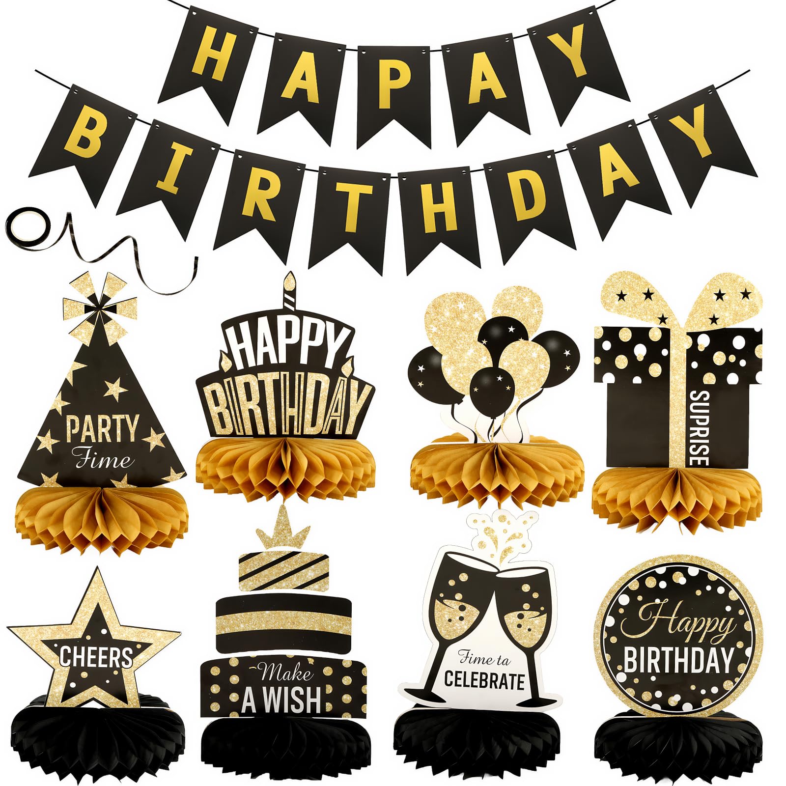 9 Pcs Happy Birthday Party Table Decorations, Black and Gold Party Decorations With Happy Birthday Banner for Girls Boys Women Men