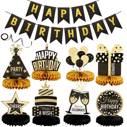 9 Pcs Happy Birthday Party Table Decorations, Black and Gold Party Decorations With Happy Birthday Banner for Girls Boys Women Men