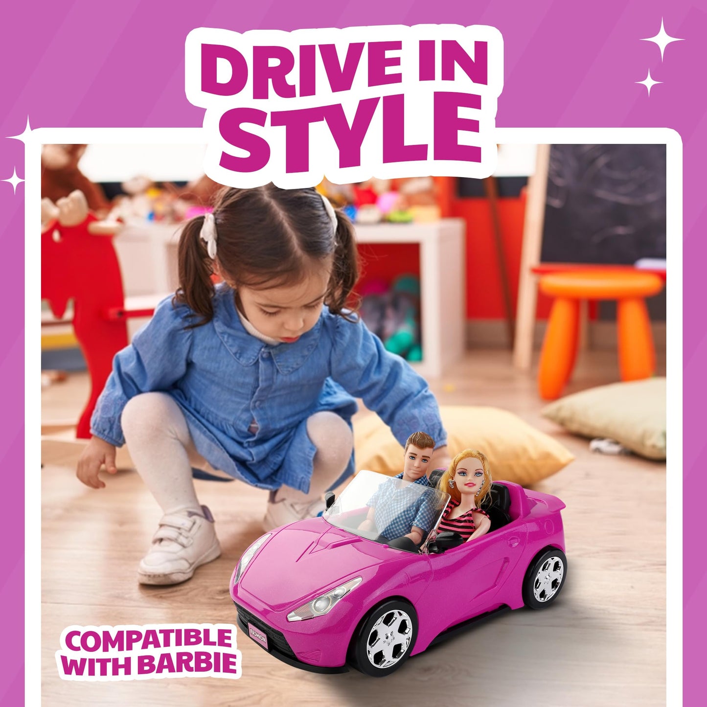 Liberty Imports Doll-Sized Convertible Car for Dolls - 2-Seater Pink Vehicle with Rolling Wheels, Seat Belts w/ Two 11.5" Dolls Included