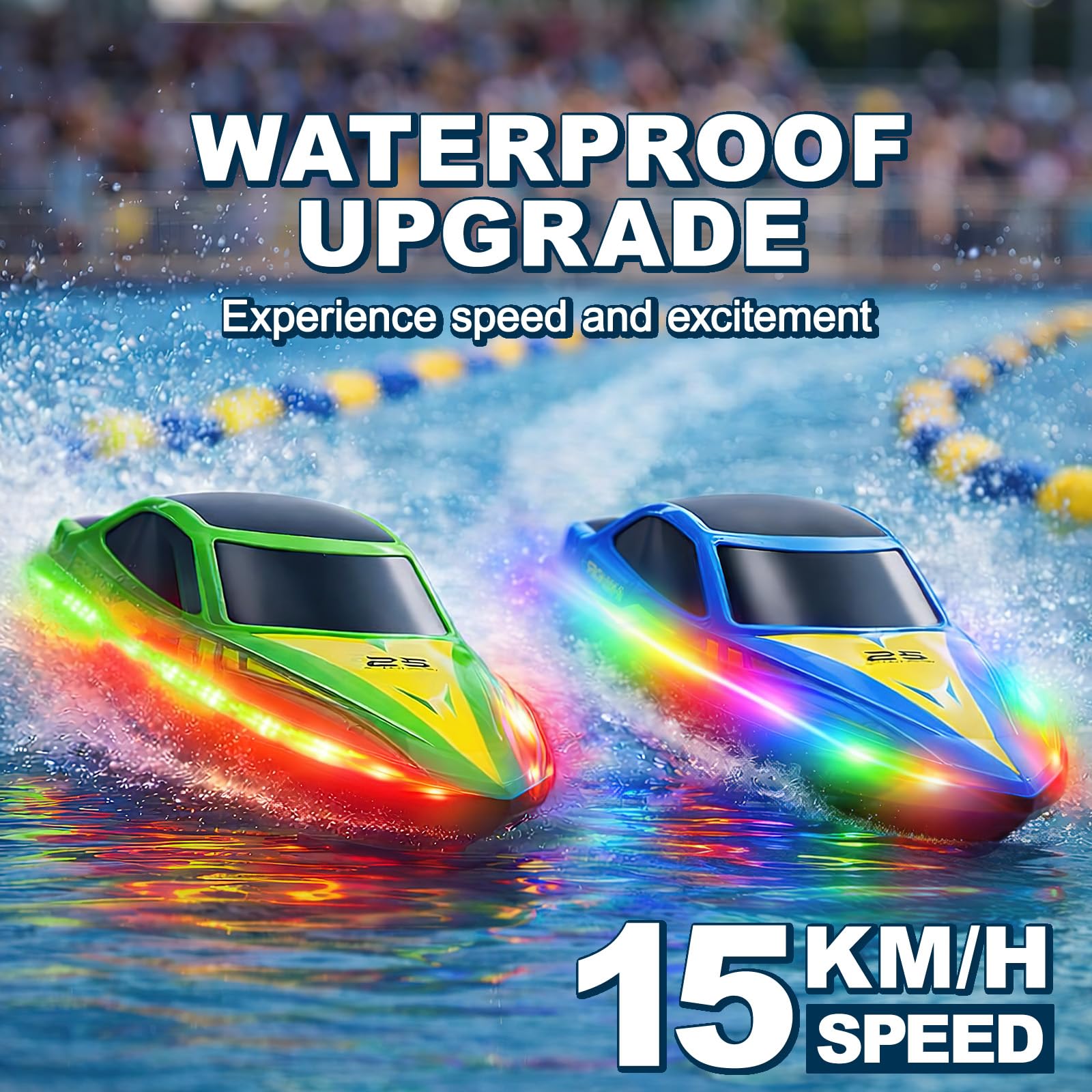 Cirmine RC Boat 2 Pack Remote Control Boats with 7-Mode Colorful LED Lights, 10 Inch RC Boats, 15KM/H High Speed, 2.4GHz Remote, 3 Speed Modes, 4