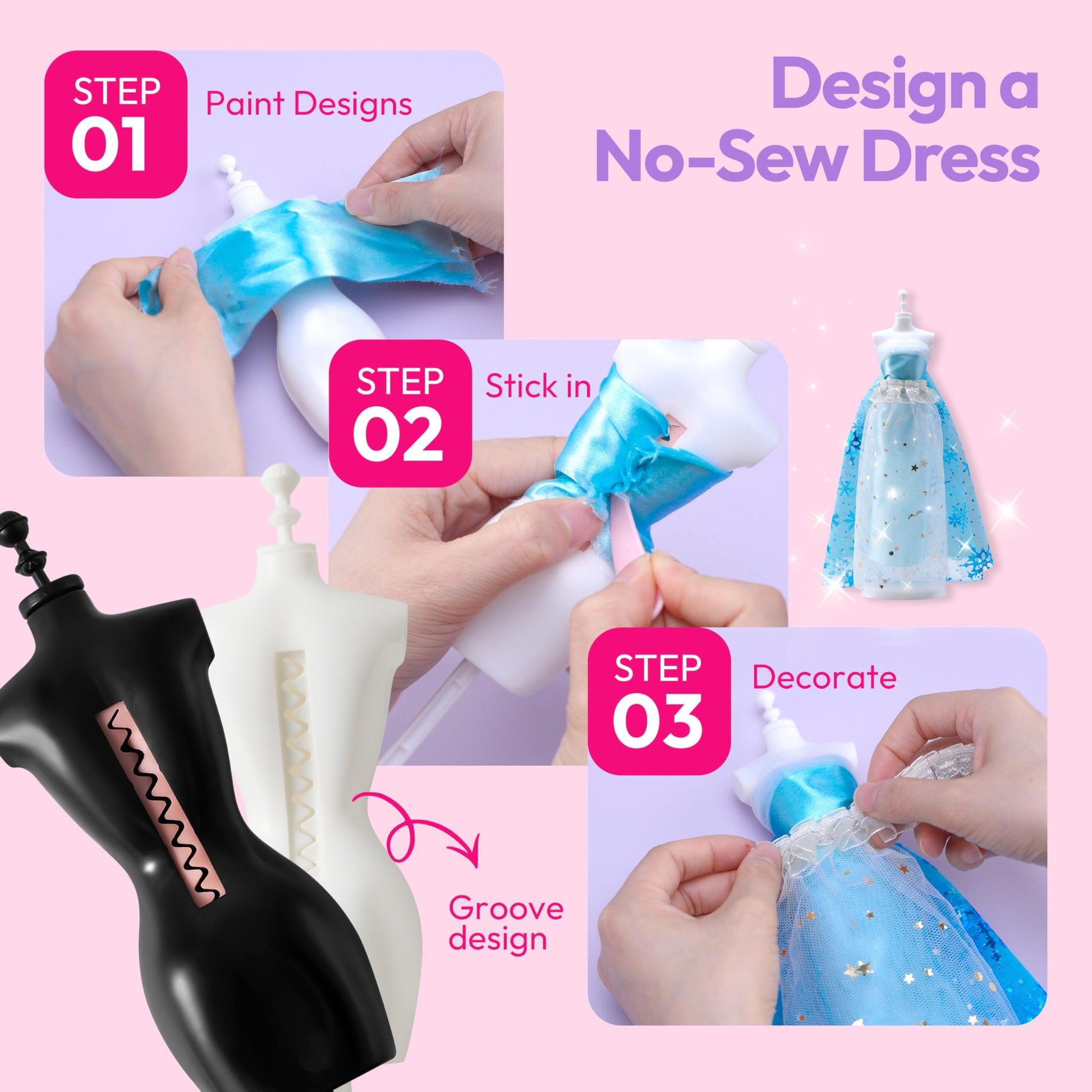 Klever Kits 400+PCS Fashion Design Crafts for Kids, Art and Crafts, DIY Sewing Kits with 3 Mannequins for Girls Aged 8-12, Birthday Presents, Toys