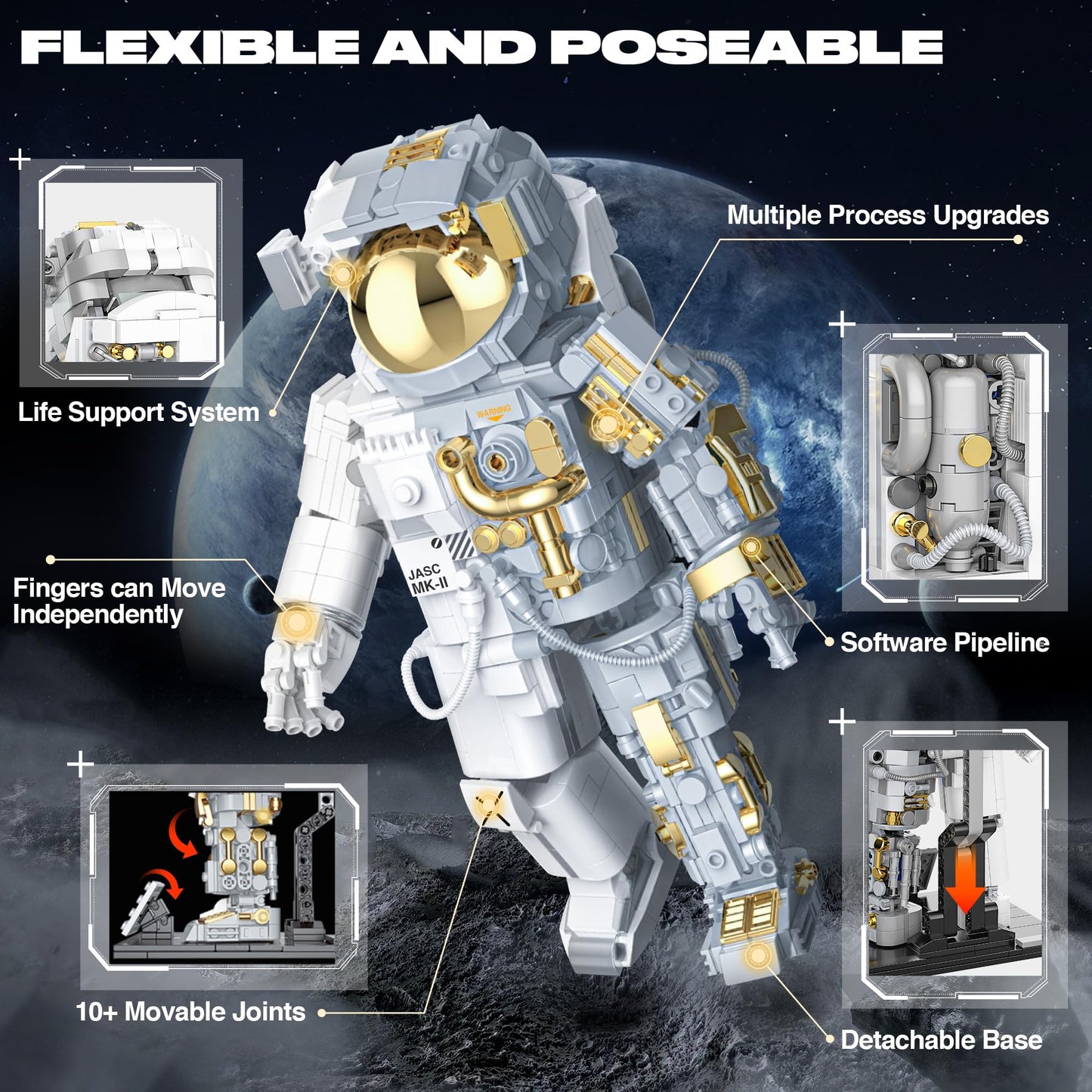 FarBlocked Space Astronaut Building Block for Boy 12+, Astronaut Building Block Set Flexible Space Explorer Toy with Display Stand, Cool Spaceman