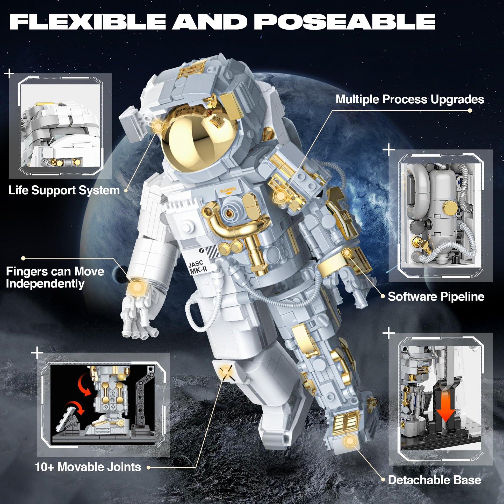 FarBlocked Space Astronaut Building Block for Boy 12+, Astronaut Building Block Set Flexible Space Explorer Toy with Display Stand, Cool Spaceman