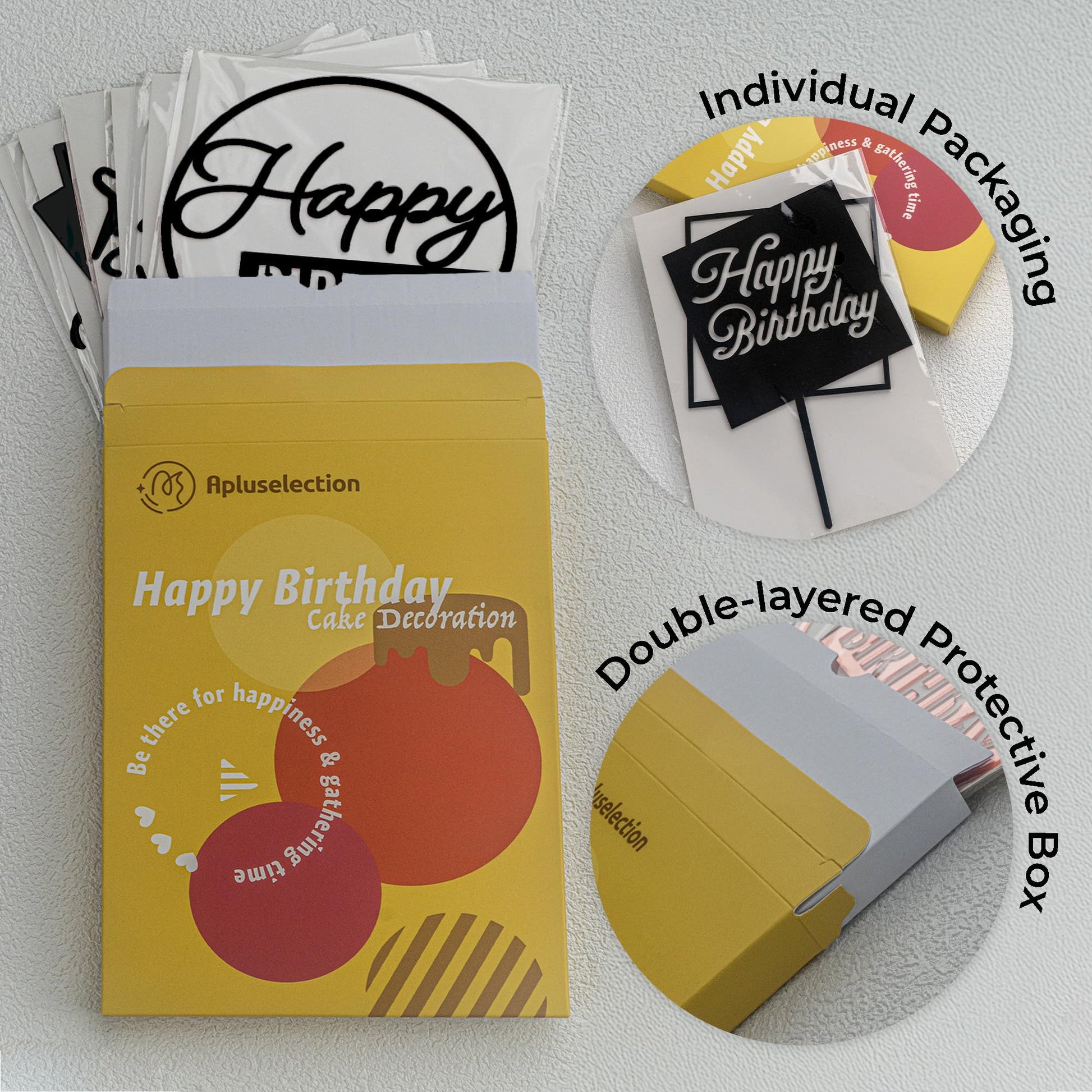 Apluselection 6 Pcs Black Happy Birthday Cake Toppers, 5" x 6.5" Acrylic Cake Decoration for Birthday Party