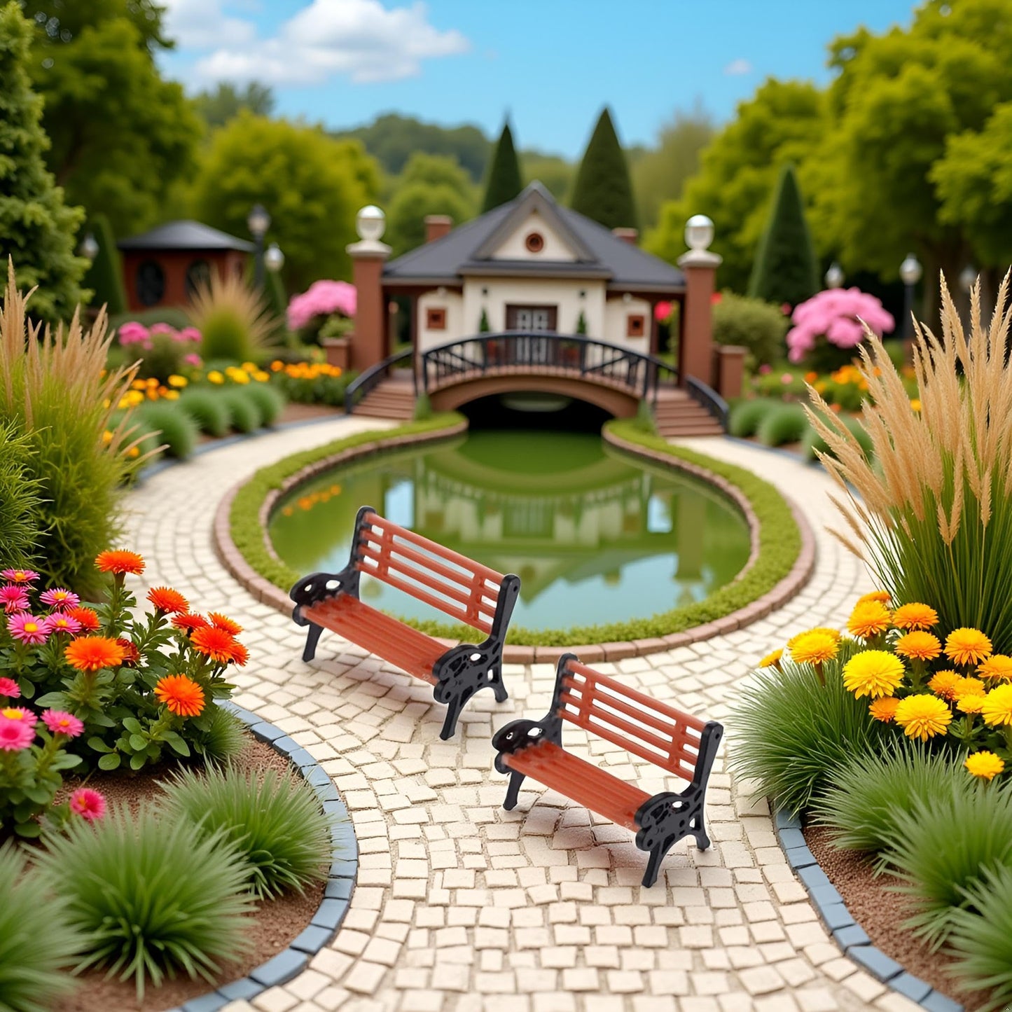 2Pcs Brown Miniature Park Bench Set, Street Seats and Garden Ornaments for Dollhouse and Fairy Garden Decor, Mini Bench Chairs for Train Platform