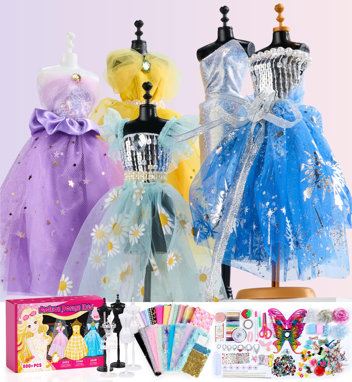 YEETIN Fashion Designer Kit for Girls - DIY Sewing & Arts Craft Kit with 5 Mannequins, Doll Clothes Making Set, Learn to Sew, Creative Gift for Girls