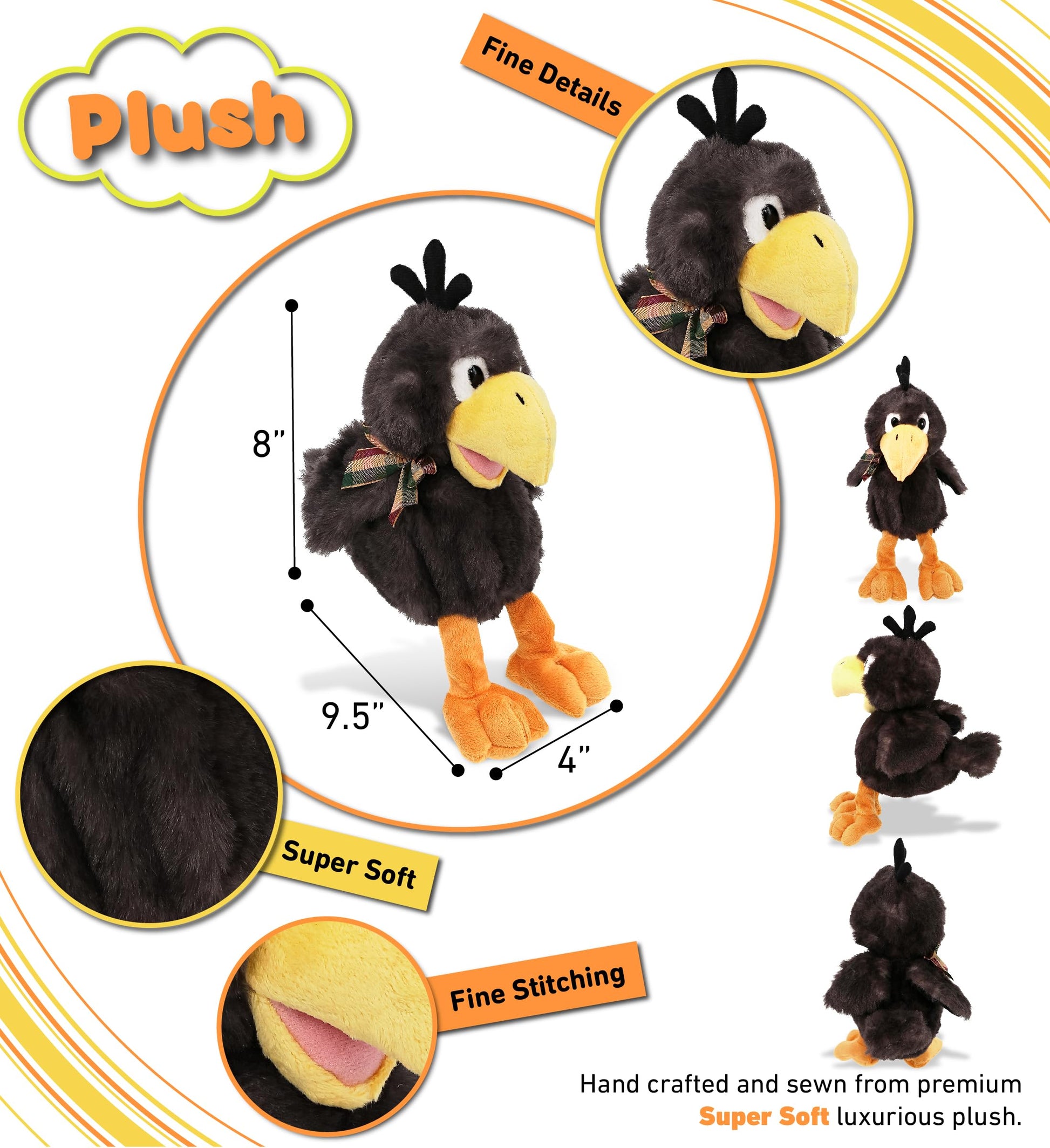 DolliBu Sitting Crow Plush - Super Soft Stuffed Animal Bird for Boys and Girls, Cute Wildlife black bird Crow Toy, Adorable Crow Stuffed Animal Gift