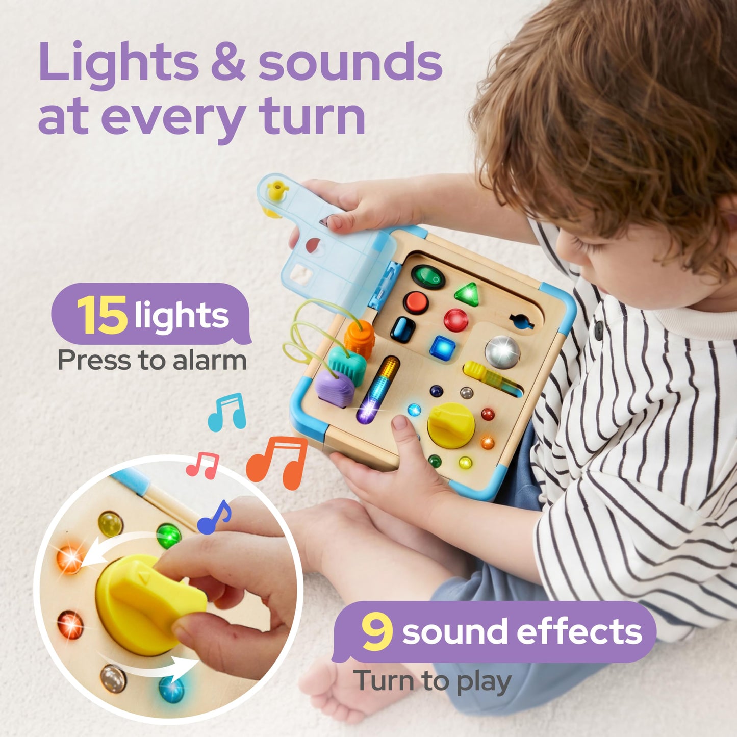 lalalark Busy Board with 15 LED Light - Montessori Learning Toddler Toy with 9 Sounds, 5 Switches & Plugs, Travel Toys Sensory Activity Board for 1 2