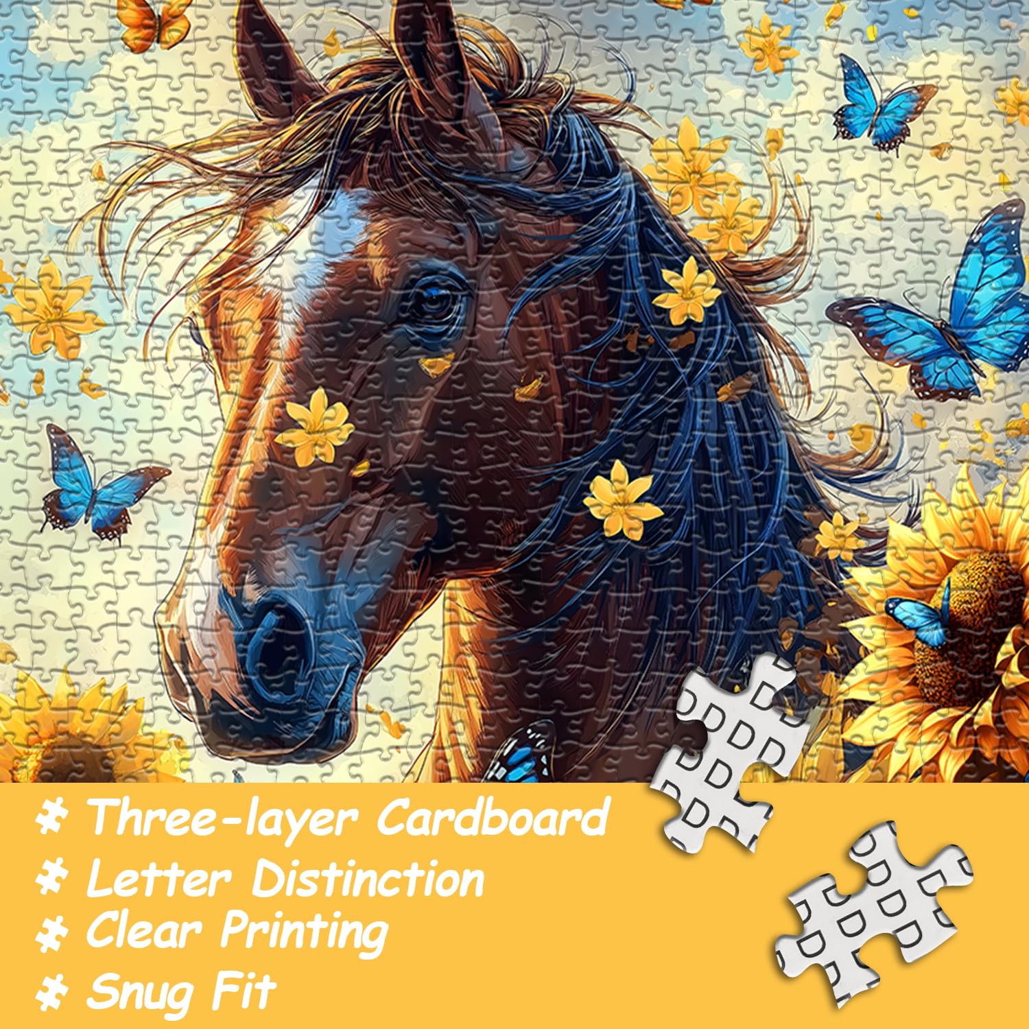 Flower Horse Puzzles for Adults 1000 Piece, Nature Sunflower Butterfly Garden Themed, Animal Floral Challenging Jigsaw Puzzle
