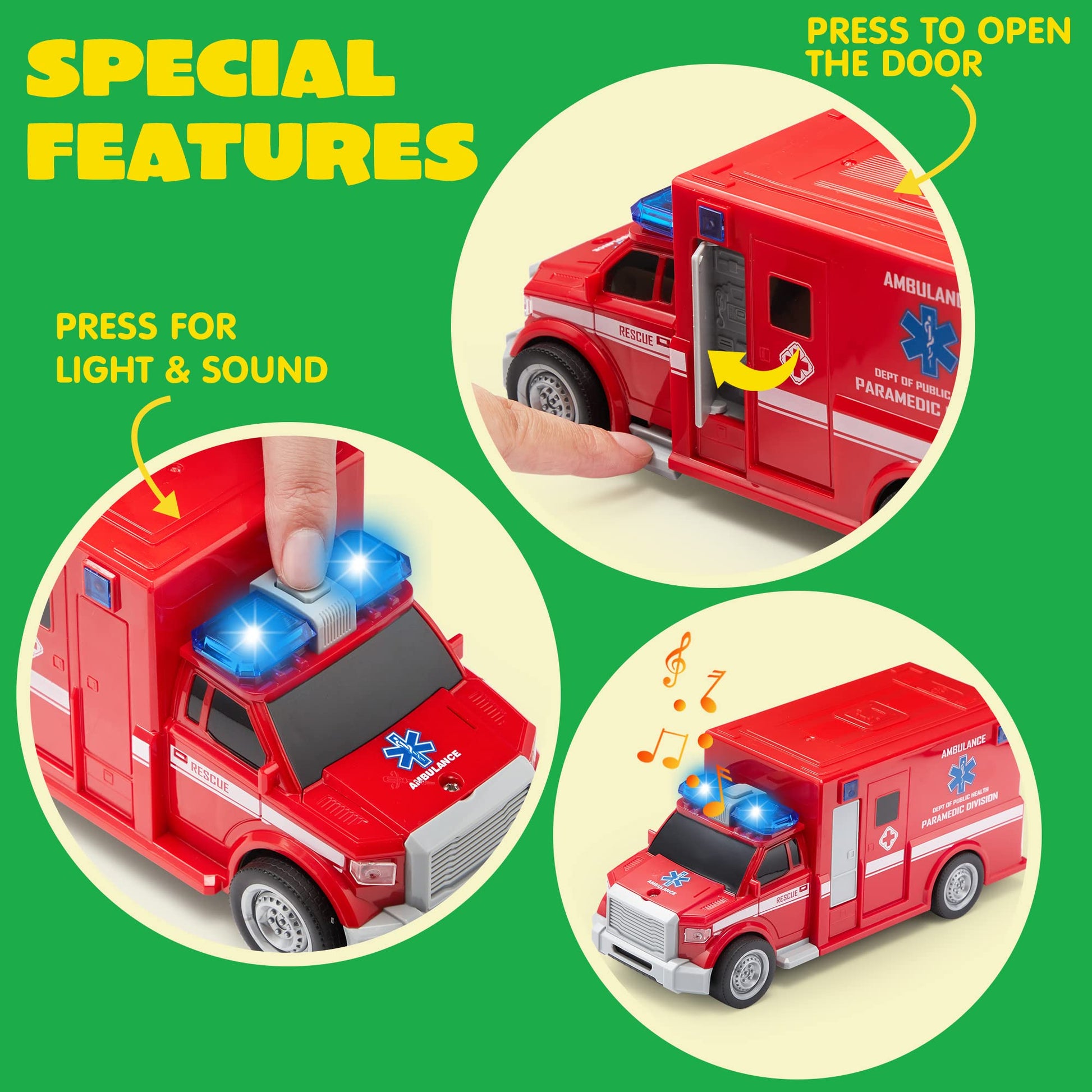 JOYIN 4 Pcs 7" Long Vehicle Toy Set, Toddlers Cars with Lights and Siren Sound, Including Play Police Car, School Bus, Garbage Truck, Ambulance