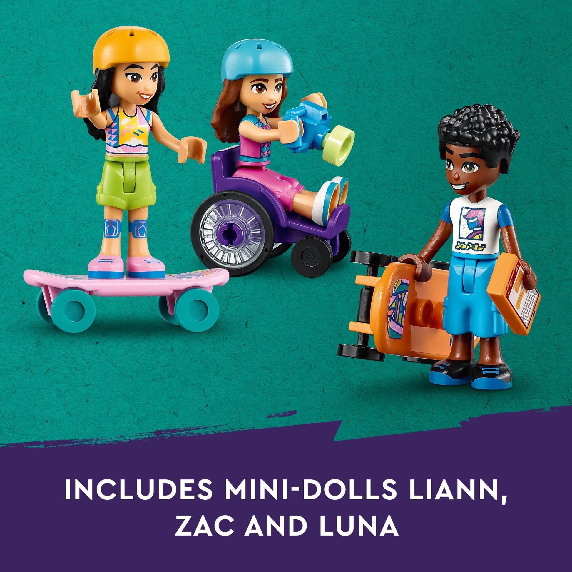 LEGO Friends Skate Park Set 41751, Skateboard Toys for Girls and Boys Ages 6 Plus, Mini-Doll Playset with Toy Scooter and Wheelchair, Birthday Gift