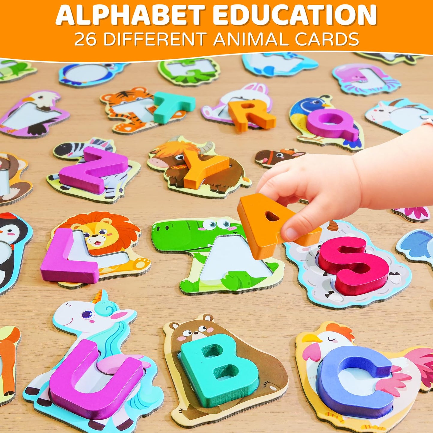 BEESTECH Animal Alphabet Flash Cards, Wooden Letter Puzzle, Educational ABC Learning Toys for 3 4 5 Year Old Boys Girls Toddlers, Preschoolers