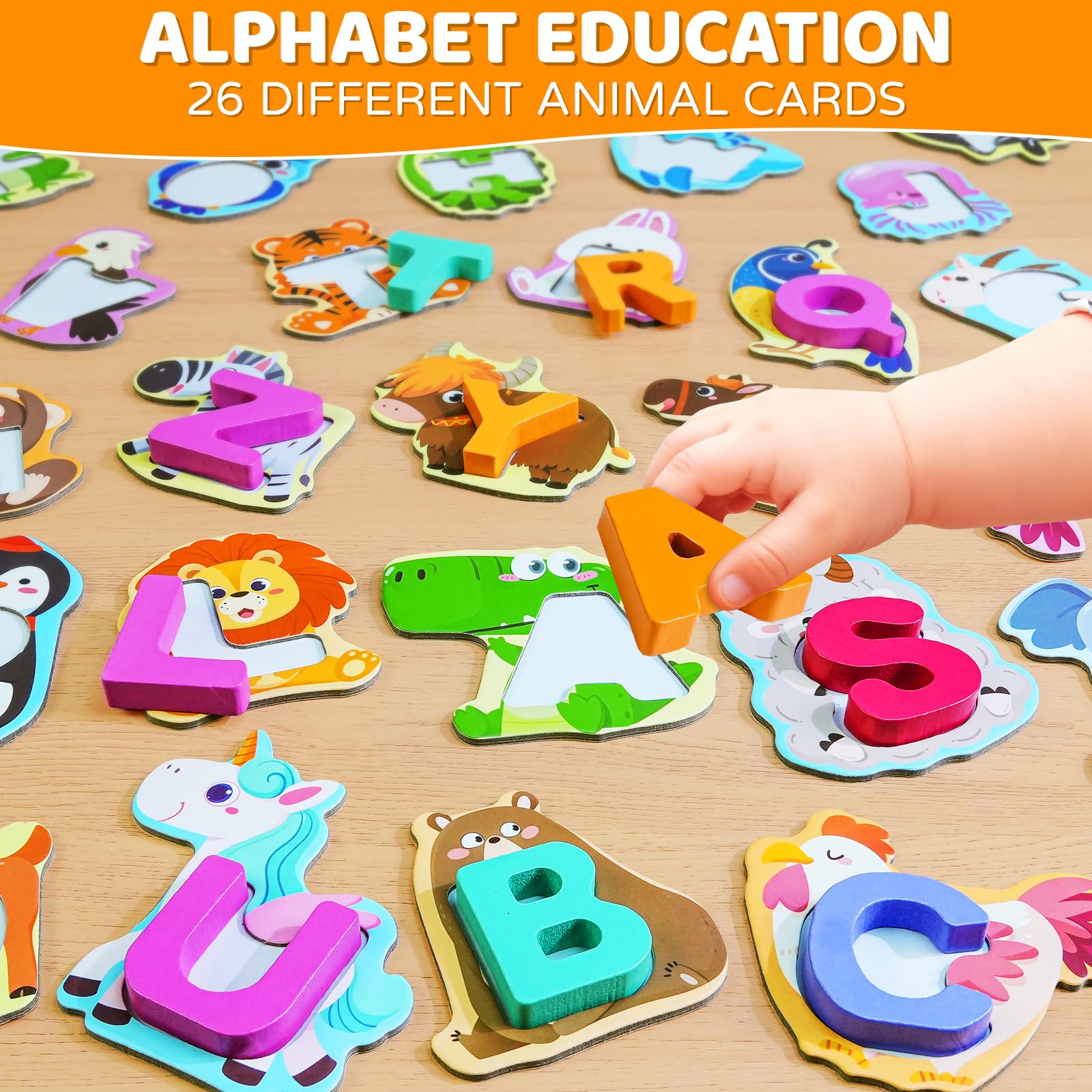 BEESTECH Animal Alphabet Flash Cards, Wooden Letter Puzzle, Educational ABC Learning Toys for 3 4 5 Year Old Boys Girls Toddlers, Preschoolers