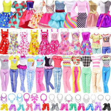 Ecore Fun 39 Pcs Doll Clothes and Accessories 3 Fashion Dresses 10 Slip Dresses 3 Tops 3 Pants 10 Necklaces 10 Shoes Fashion Casual Outfits Perfect