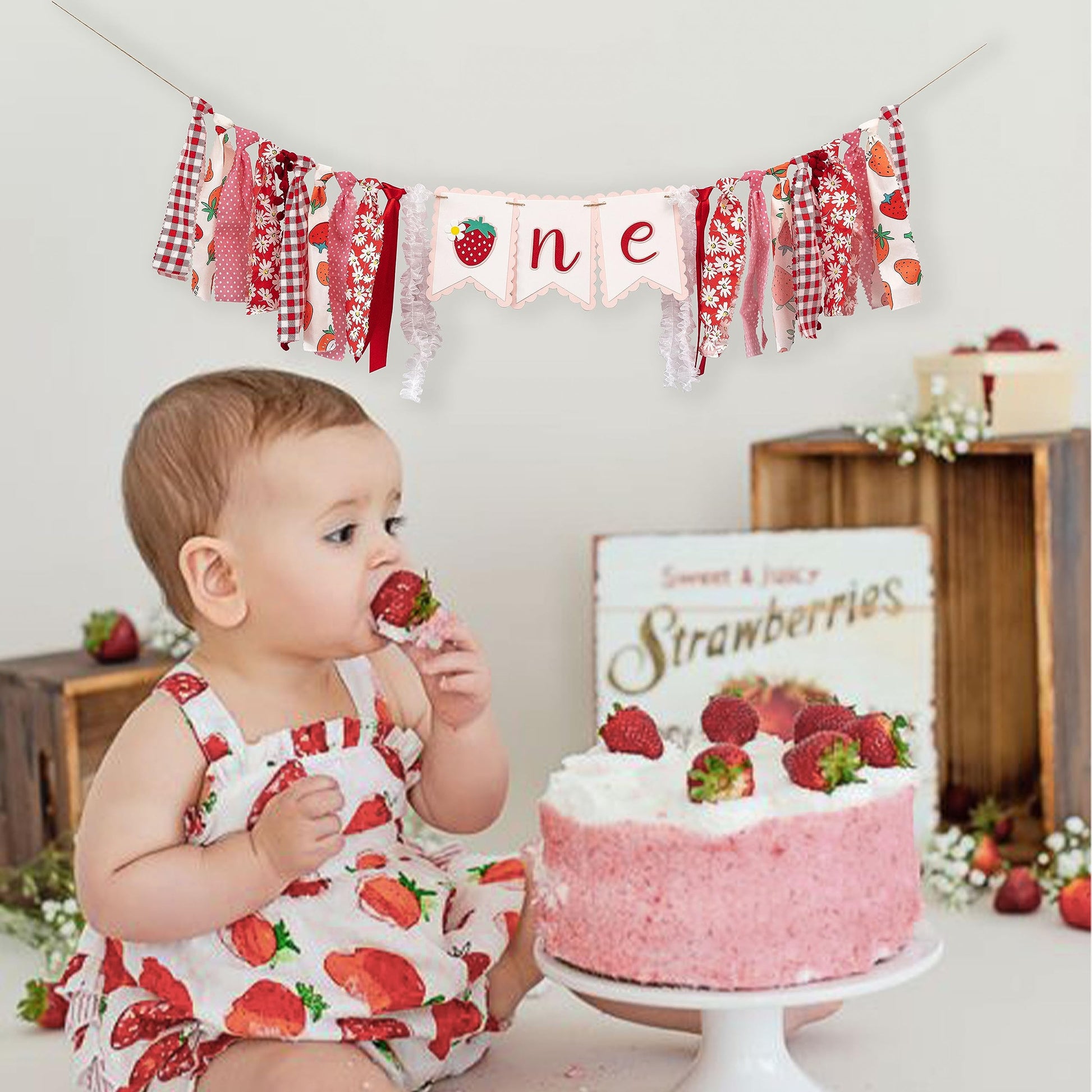 CANTLY Strawberry First Birthday High Chair Banner Sweet Strawberry Banner