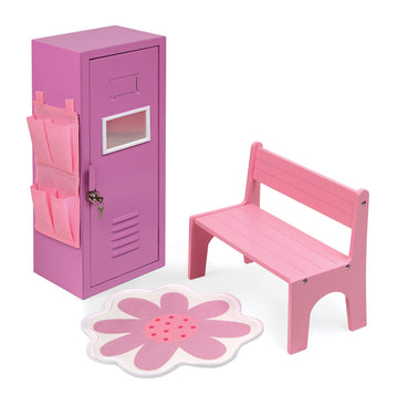 Badger Basket School-Style Single Doll Locker Set with Bench, Rug, and Accessories - Purple and Pink Design for 18-Inch Dolls