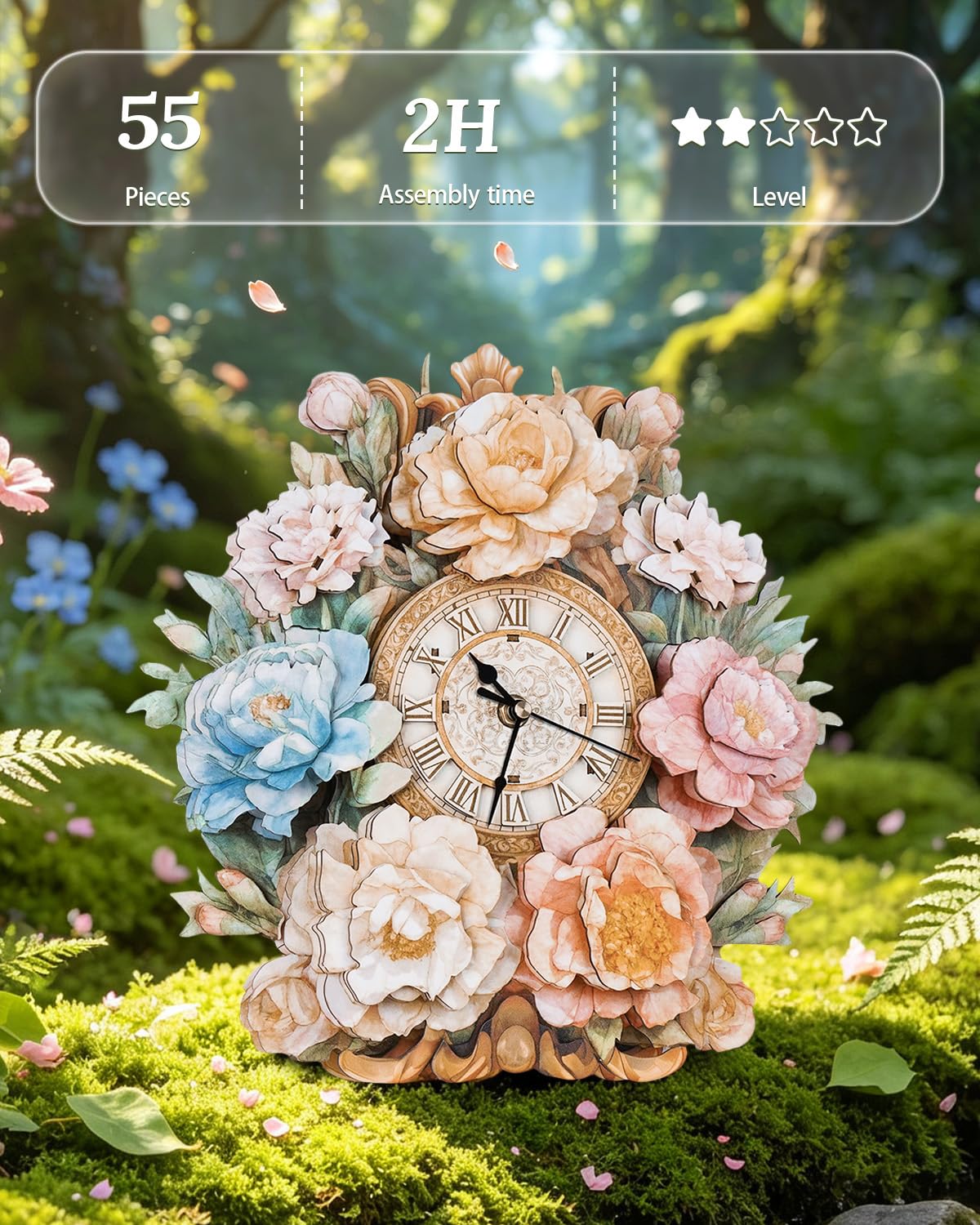 Rnfinewow 3D Wooden Puzzles for Adults, Flower Clock with Pendulum Model Kit, 3D Puzzles for Adults Room Home Decor DIY Wall Clock Kit, Holiday