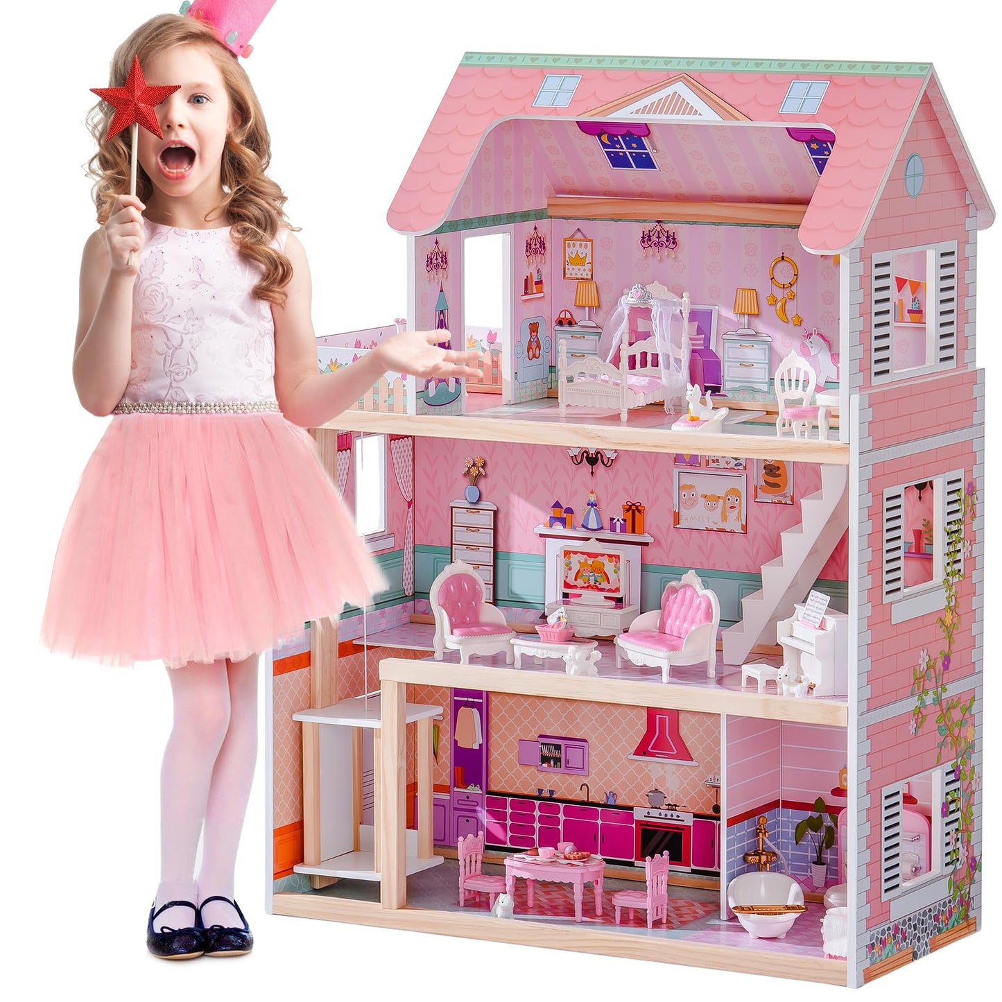 ROBOTIME Wooden Dollhouse, Doll Houses Playset with 24 Pcs Furniture for 4, 5, 6-Inch Dolls, Dollhouse Gift for 3+ Year Old Girls (Pink)