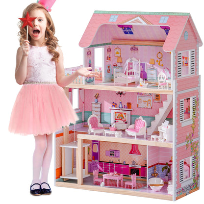 ROBOTIME Wooden Dollhouse, Doll Houses Playset with 24 Pcs Furniture for 4, 5, 6-Inch Dolls, Dollhouse Gift for 3+ Year Old Girls (Pink)