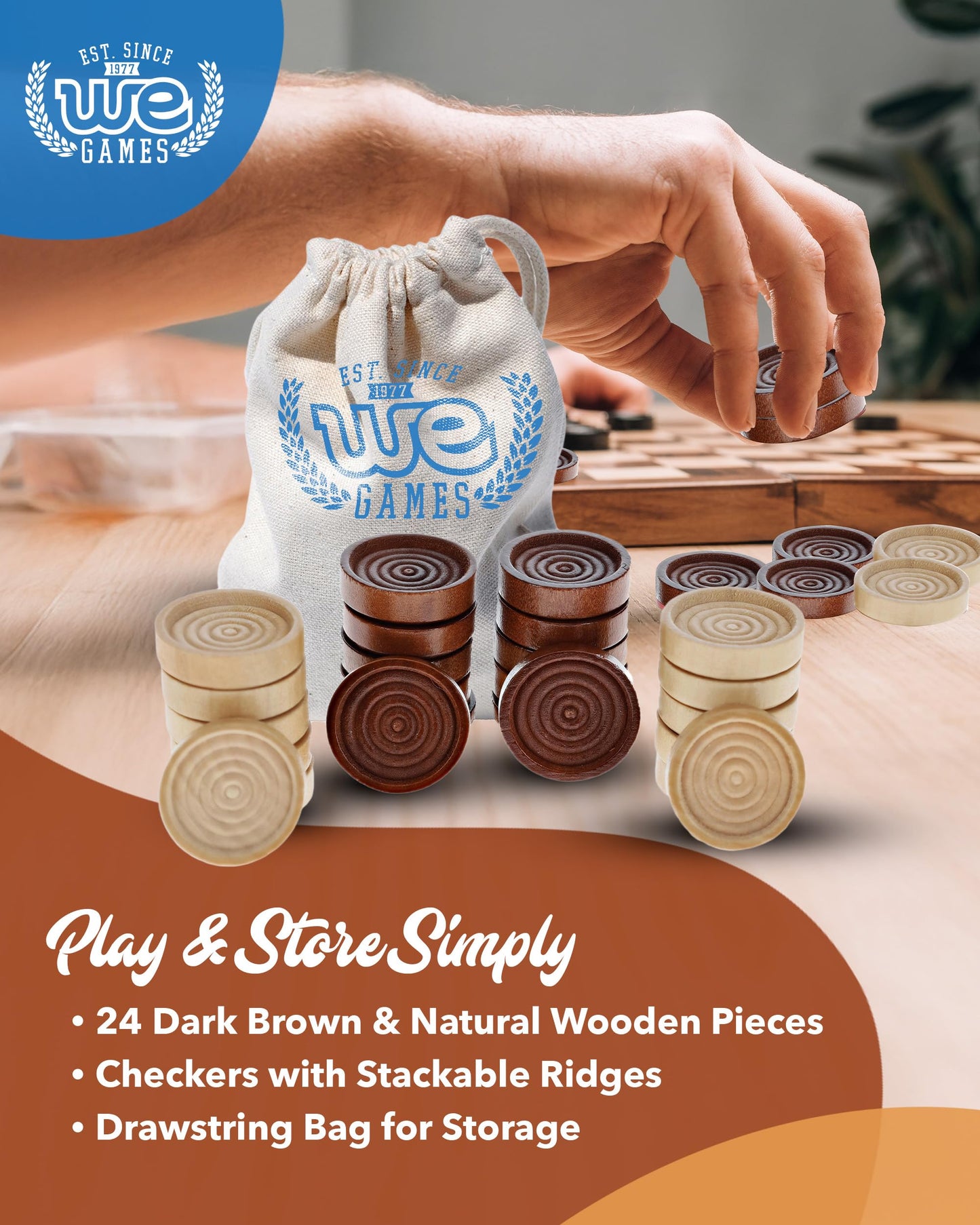 WE Games Wooden Checkers Pieces Only (1.5 inch), Checker Board Game & Backgammon Pieces, 24 Brown and Natural Stained Stackable Ridges