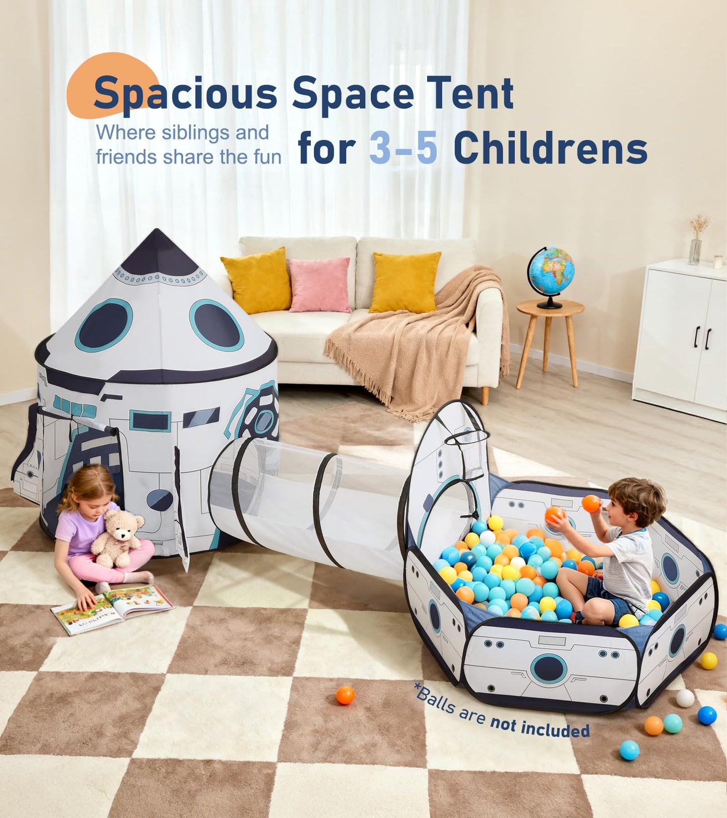 Little Dove Kids Play Tent with Tunnel & Ball Pit, 3-Piece Pop Up Rocket Ship Tent Set, Indoor Outdoor Playhouse for Boys & Girls, Pretend Play Toy