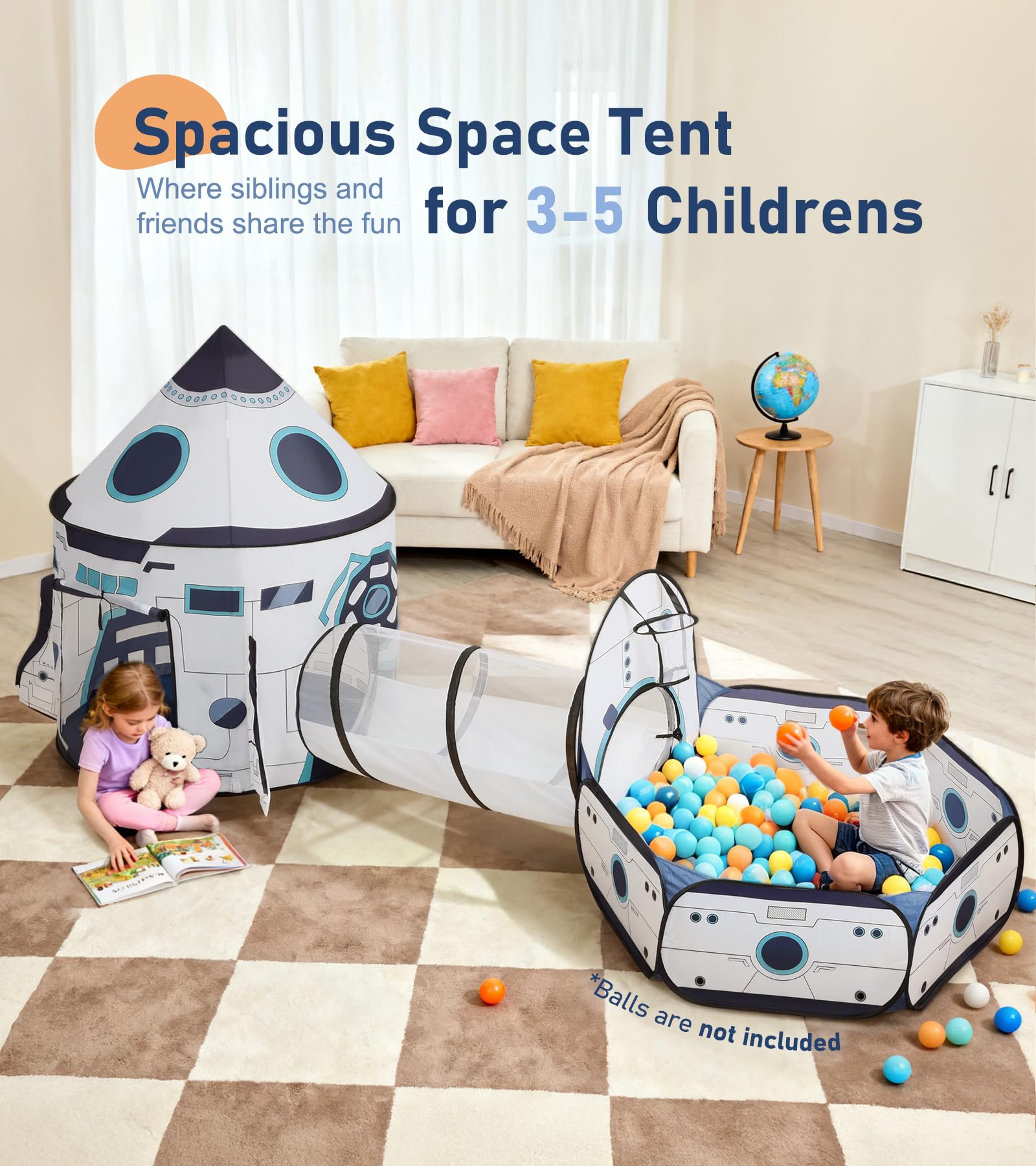 Little Dove Kids Play Tent with Tunnel & Ball Pit, 3-Piece Pop Up Rocket Ship Tent Set, Indoor Outdoor Playhouse for Boys & Girls, Pretend Play Toy