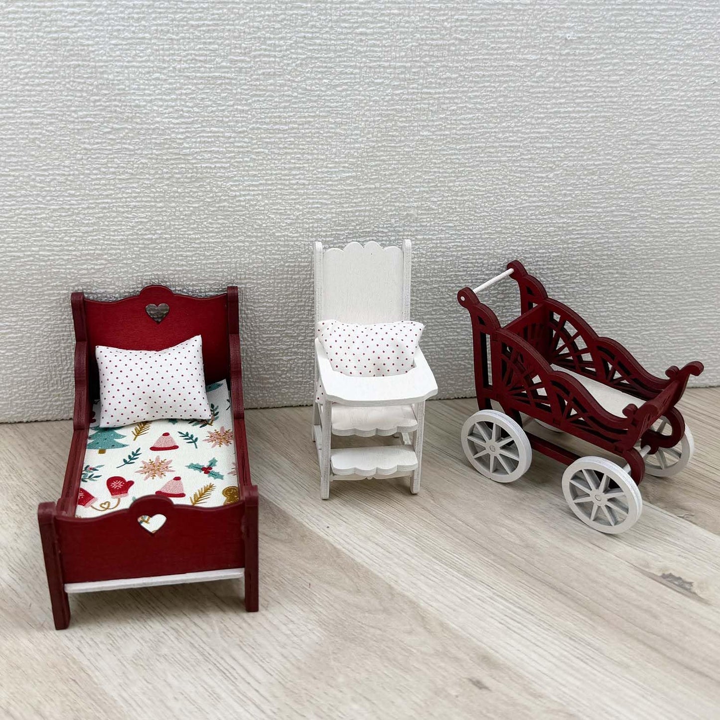 Miniature Furniture Set, Red and White Wooden Room Accessories,1/12 Scale, 5 Piece Desk,Table,Shelf Decor
