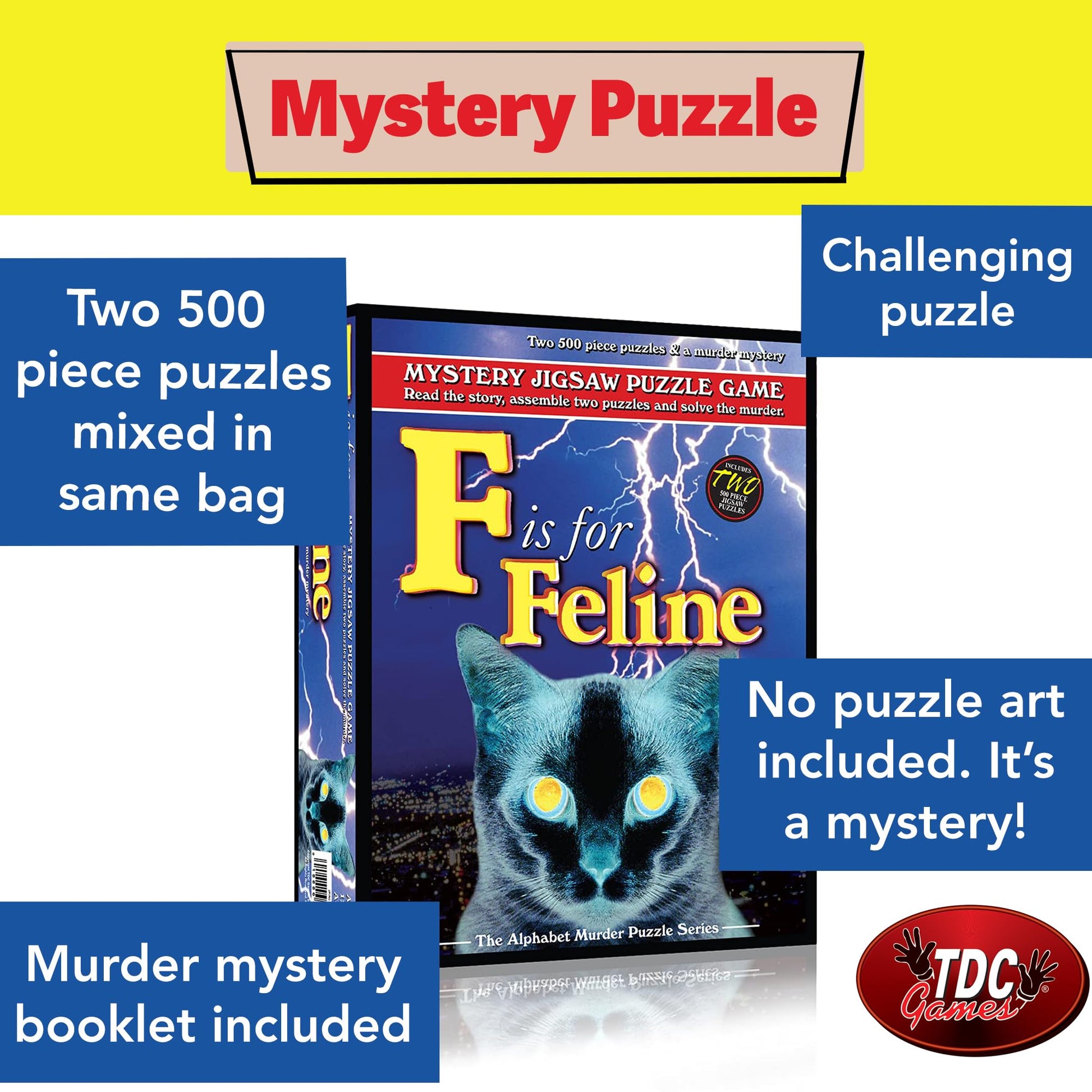 TDC Games Alphabet Mystery Jigsaw Puzzle for Adults, 500 Piece Puzzle Game - F is for Feline