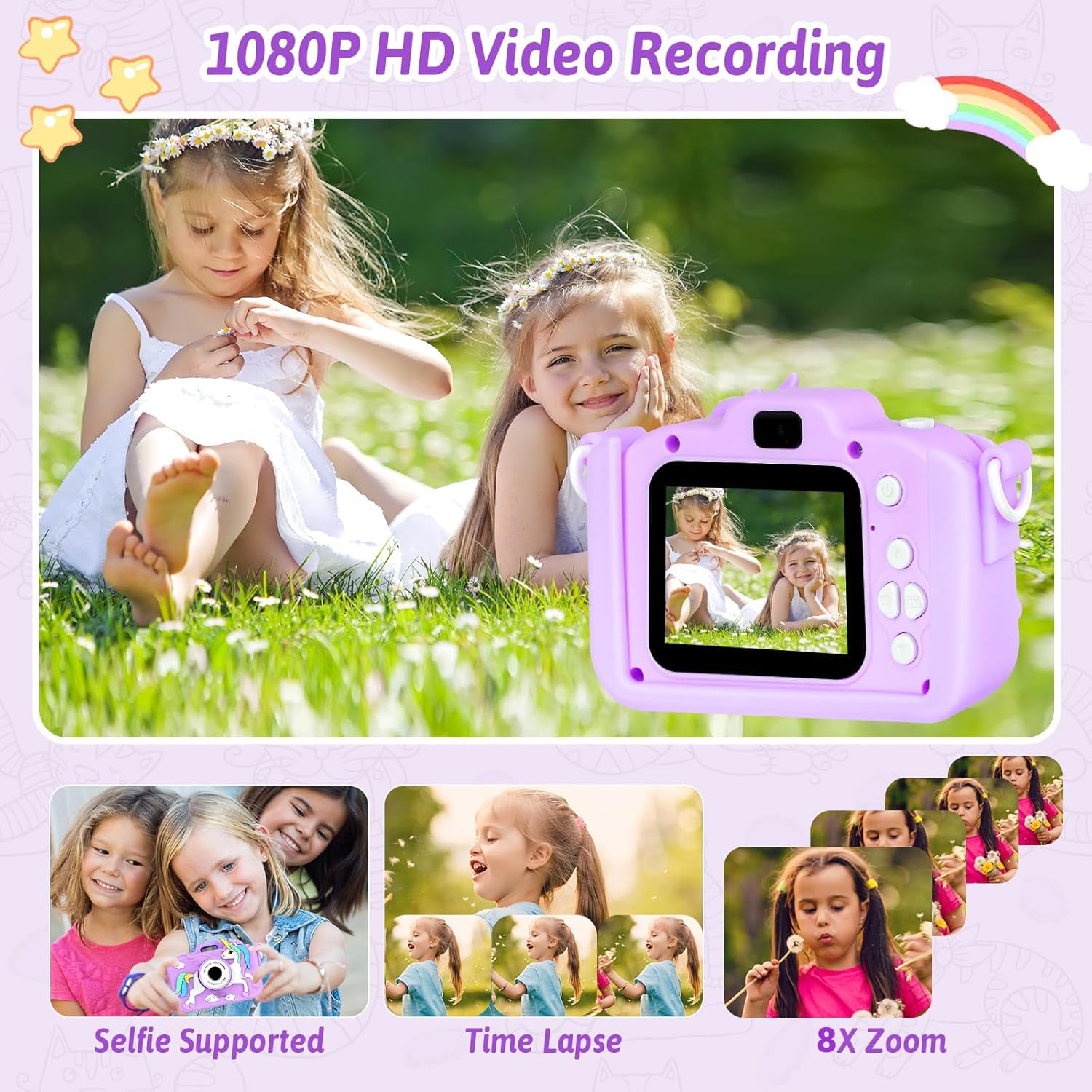 Unicorn Camera for Kids - Toddler Digital Selfie Camera with Silicone Cover, Flash and 32GB SD Card - Children Toy HD Video Kids Camera for Girls and