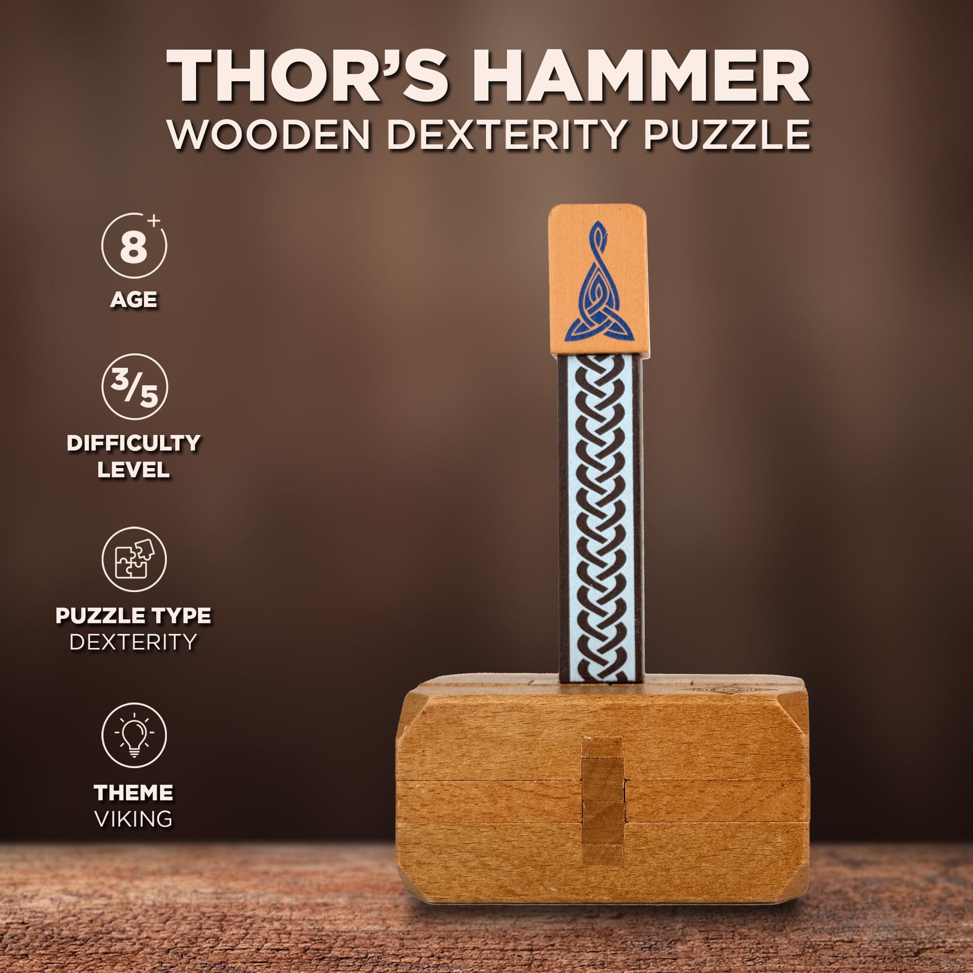 Project Genius Inc. Thor's Hammer - Wooden Puzzle, Medium Difficulty, Disassemble and Reassemble This Norse-Themed brainteaser Based on Thor's famed