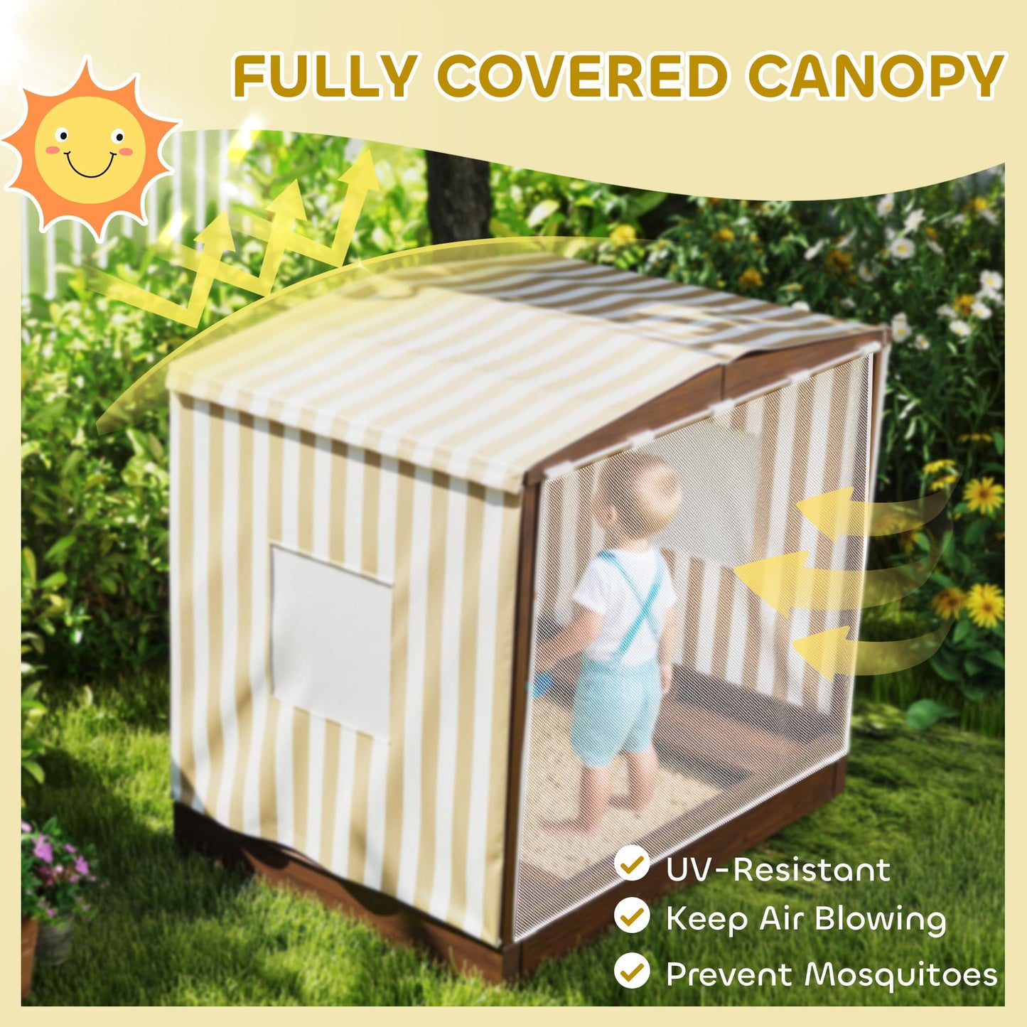 Qaba Kids Wooden Sandbox with Canopy, Large Wood Sand Pit, Mesh Door, Brown