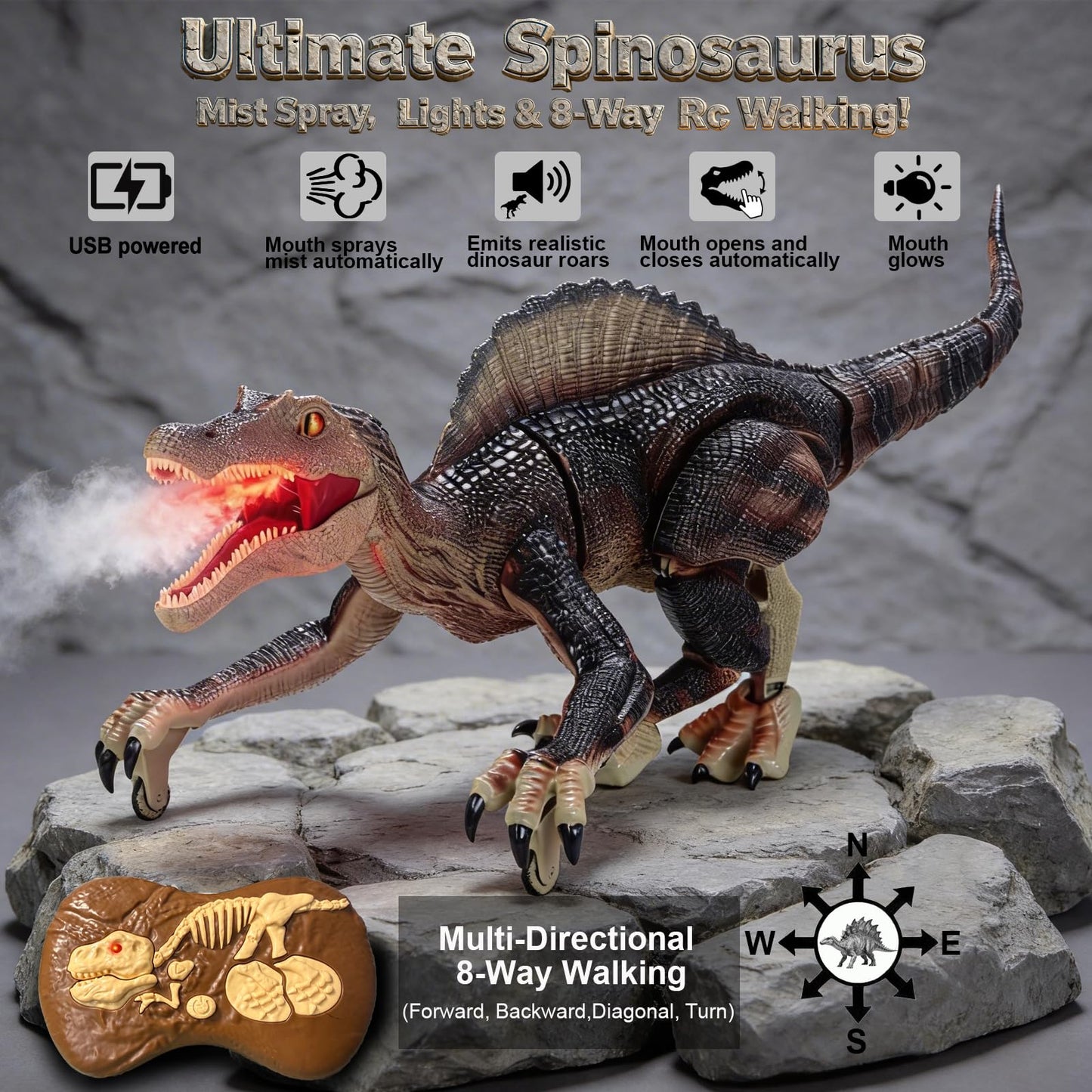 UFULMN Remote Control Dinosaur Toys for Boys Electronic RC Spray Raptor Toy Walking Roaring Jurassic Spinosaurus Realistic 18.1" Dino Birthday Gift