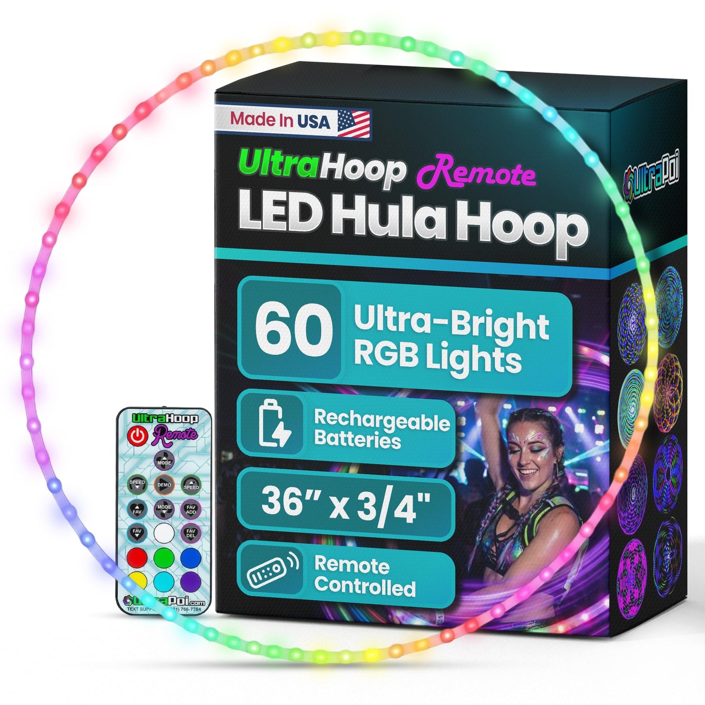 UltraPoi - UltraHoop Remote LED Hula Hoop, Wireless Control, 36” x 3/4” OD