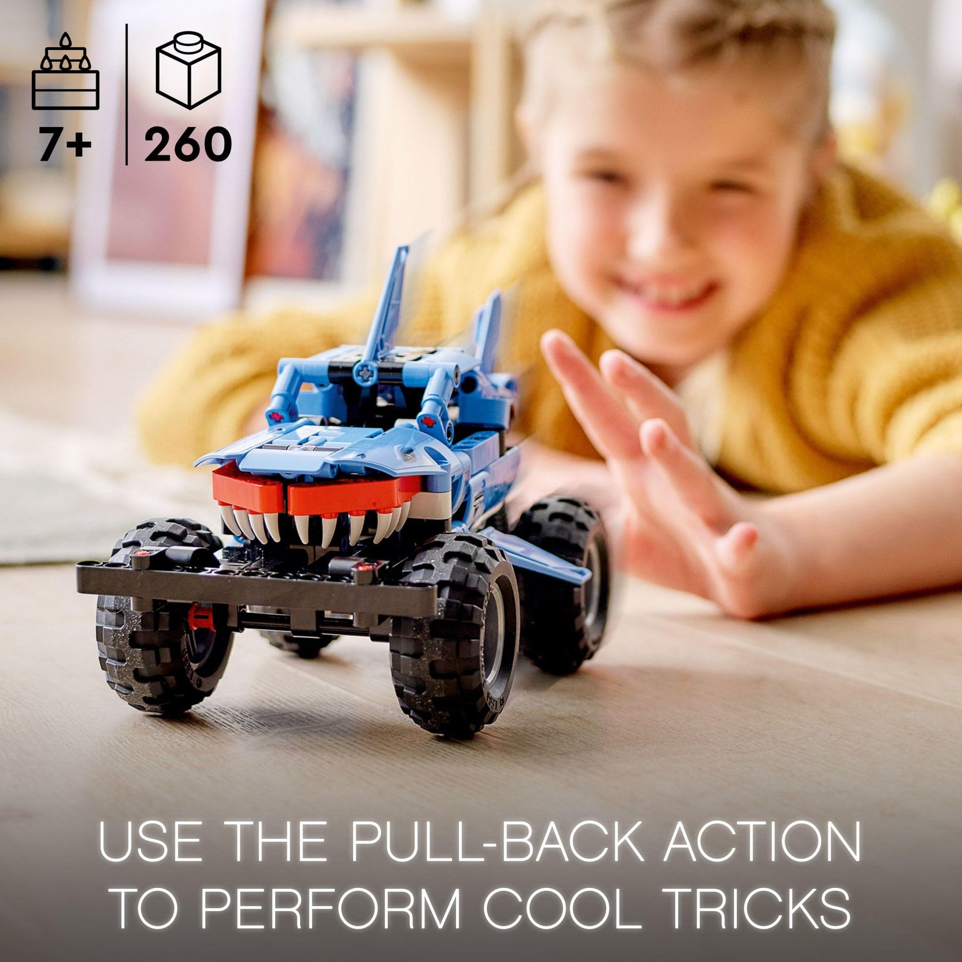 LEGO Technic Monster Jam Megalodon Building Set, 2 in 1 Pull Back Shark Truck to Lusca Low Racer Car Toy, DIY Building Toy Ideas for Outdoor Play