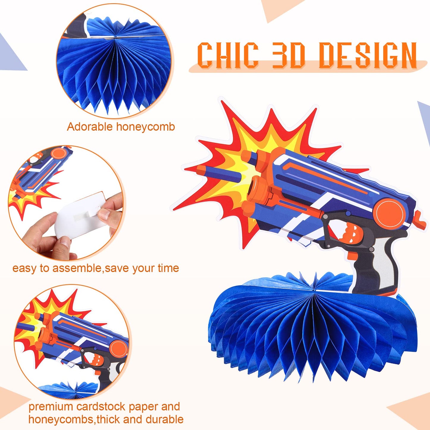 10 Pieces Dart War Party Decorations Dart War Gun Party Honeycomb Centerpieces Birthday Party Table Toppers Double Sided Table Decorations for Blaster