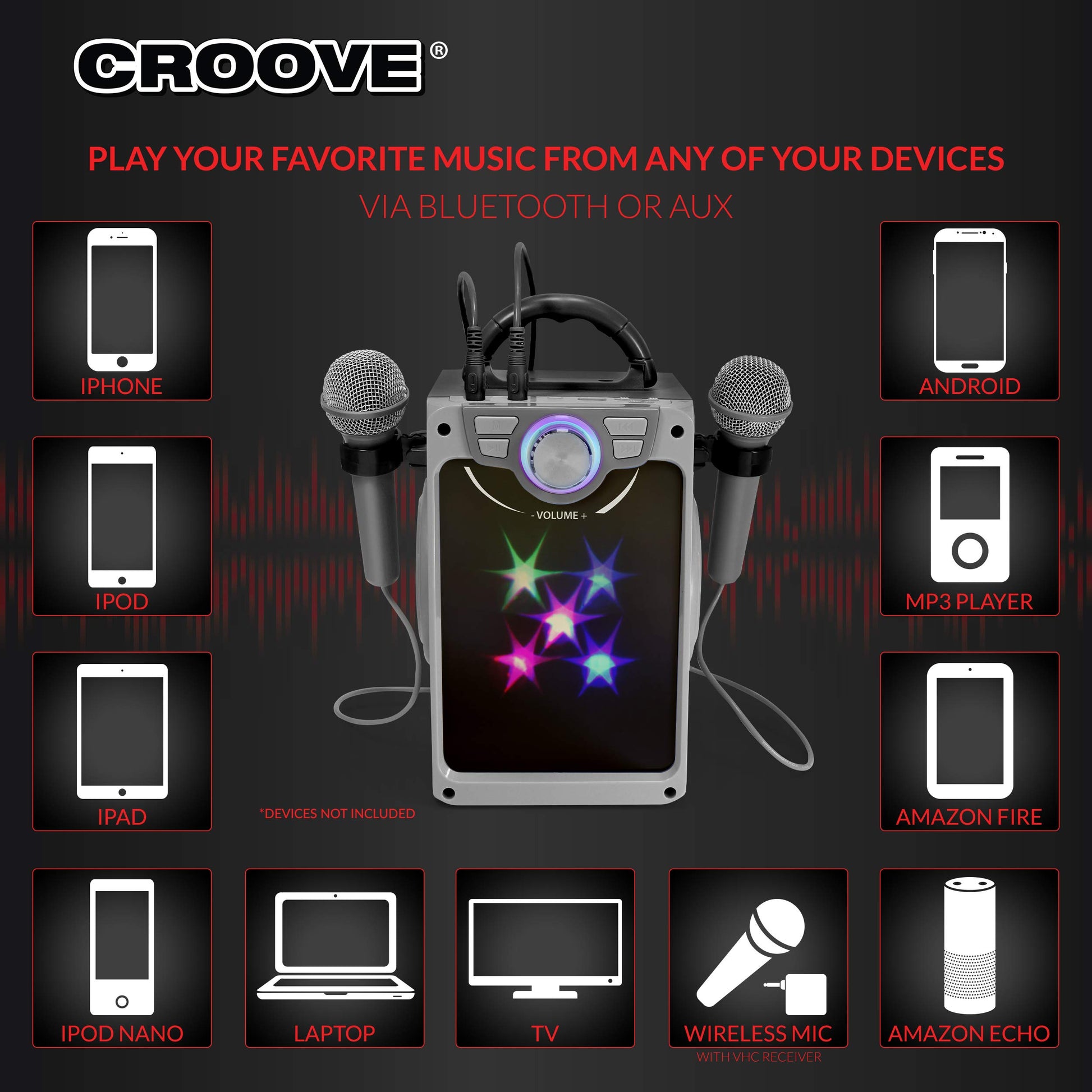 Croove Rechargeable Karaoke Machine For Kids - Incl. 2 Microphones with Flashing Disco Lights, Bluetooth, AUX & USB Ports Singing Machine for
