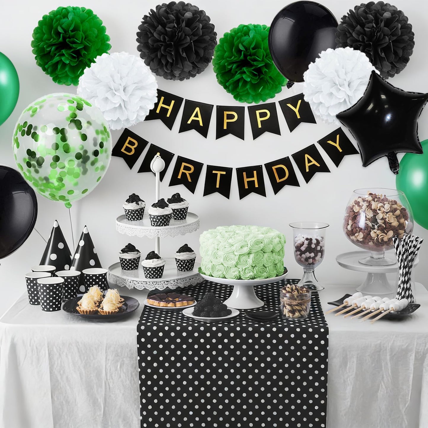 Rabbmall Birthday Decorations for Men Green and Black Party Decor Supplies Including Happy Birthday Banner Confetti Latex Balloon Foil Balloon