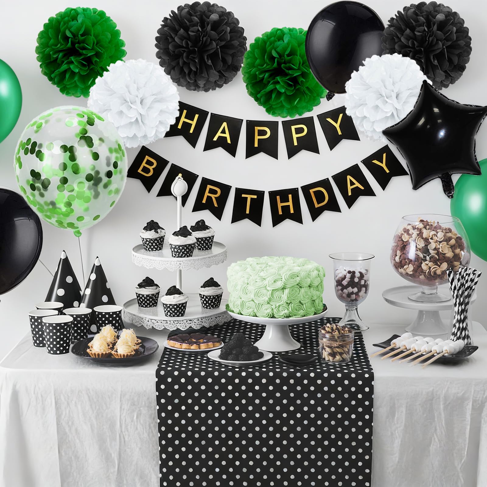 Rabbmall Birthday Decorations for Men Green and Black Party Decor Supplies Including Happy Birthday Banner Confetti Latex Balloon Foil Balloon