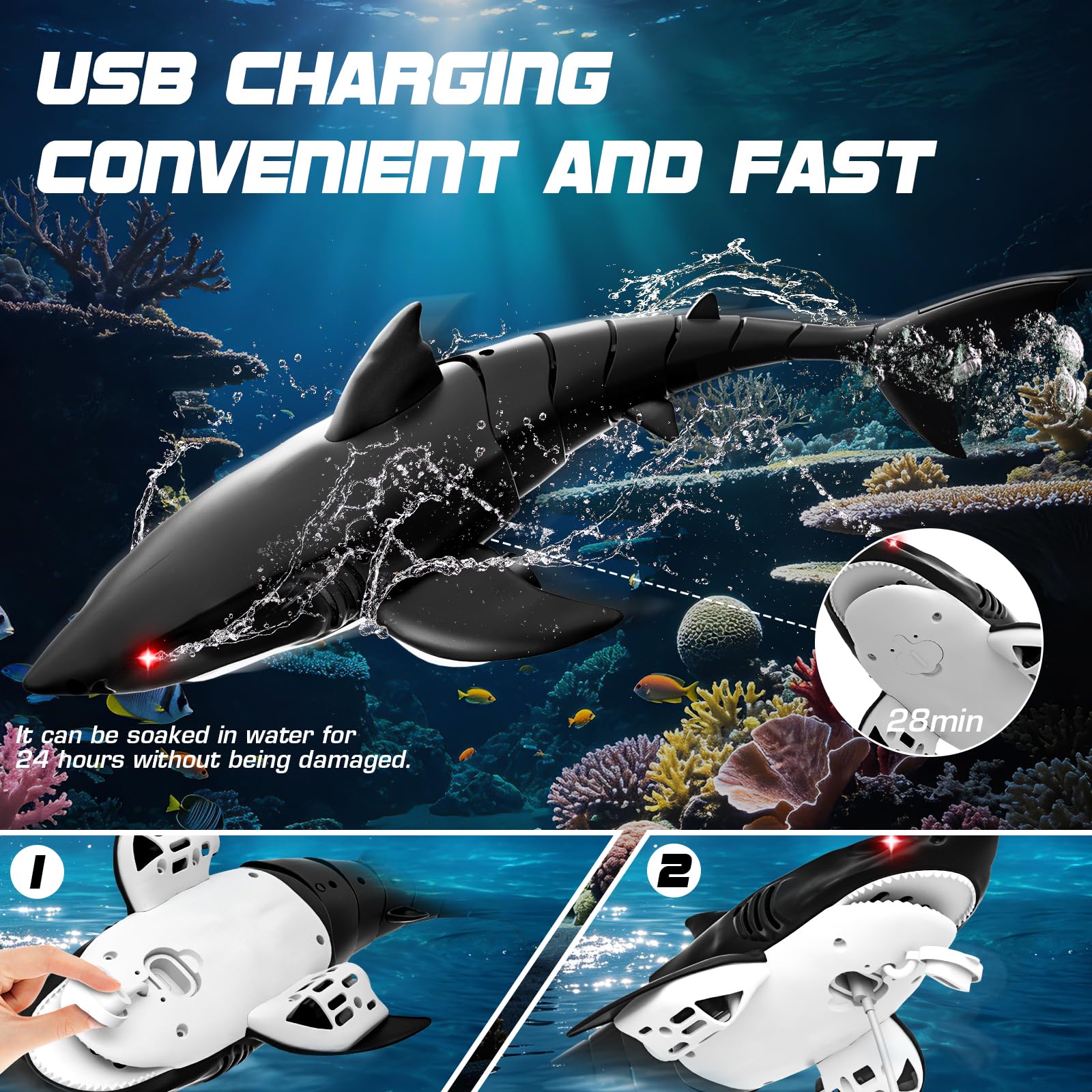 2.4GHz Remote Control Shark Toys for Kids, Electric RC Shark Boat with Light, 1:18 Scale High Simulation Shark Pool Toy, USB Rechargeable RC Water