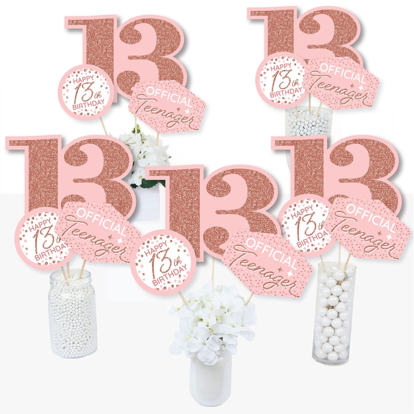 Big Dot of Happiness 13th Pink Rose Gold Birthday - Happy Birthday Party Centerpiece Sticks - Table Toppers - Set of 15
