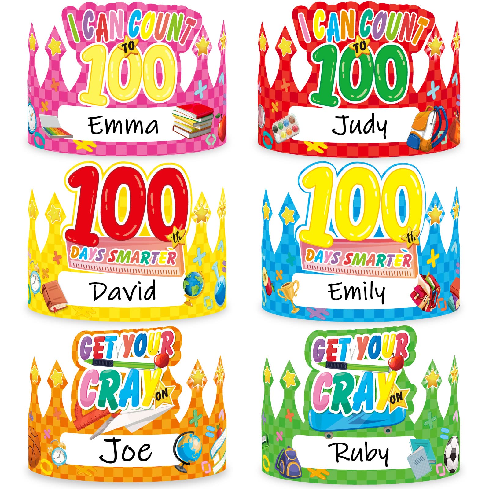 chiazllta 36 Pcs 100 Days Paper Crowns, Name DIY 100th Day of School Paper Party Hats 100 Days Celebration Party Favors Supplies for Classroom School