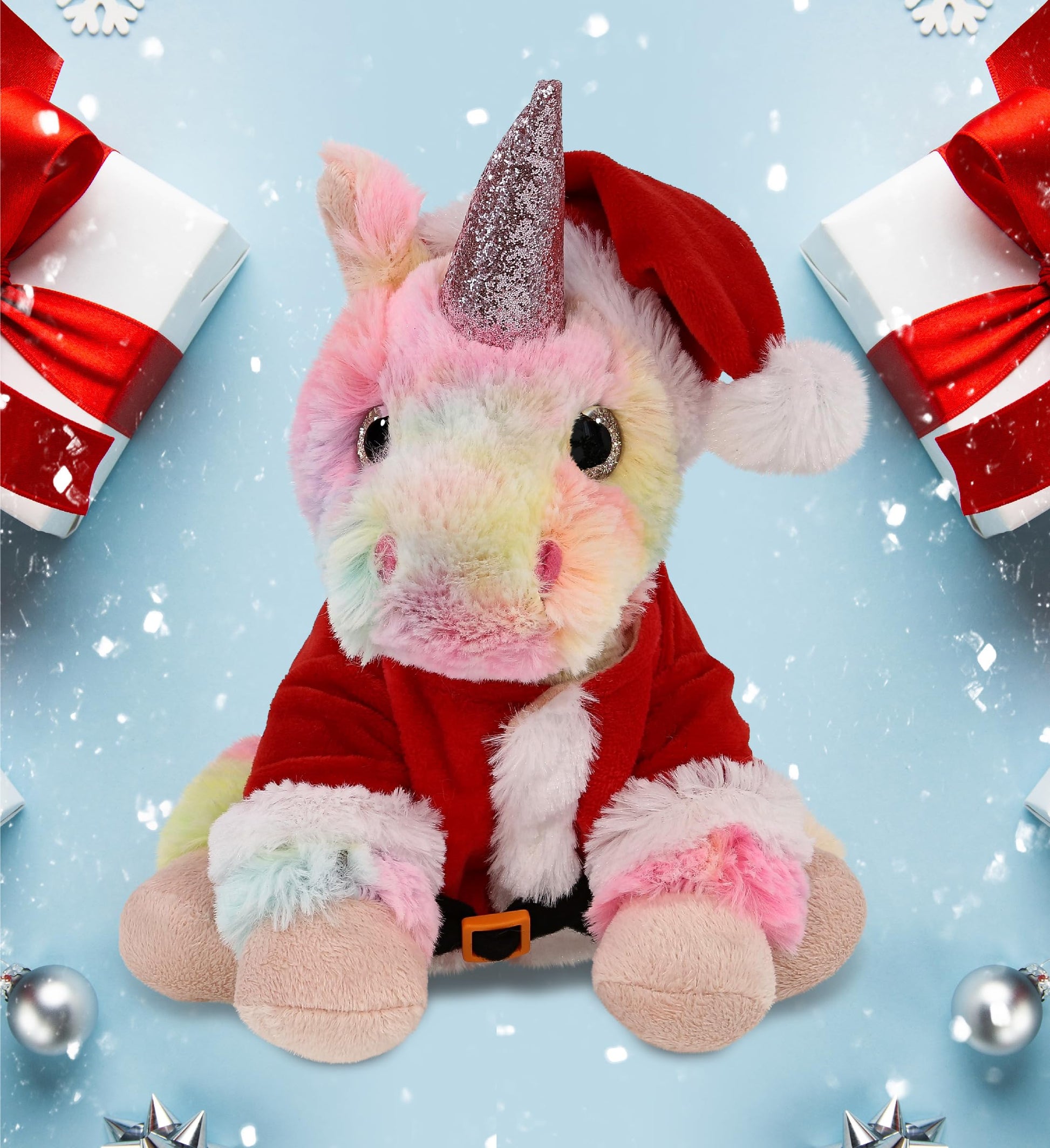 DolliBu Santa Rainbow Unicorn Stuffed Animal Plush Toy - Super Soft Dress Up with Red Santa Claus Outfit, Cute Unicorn Gift Perfect Holiday with Name