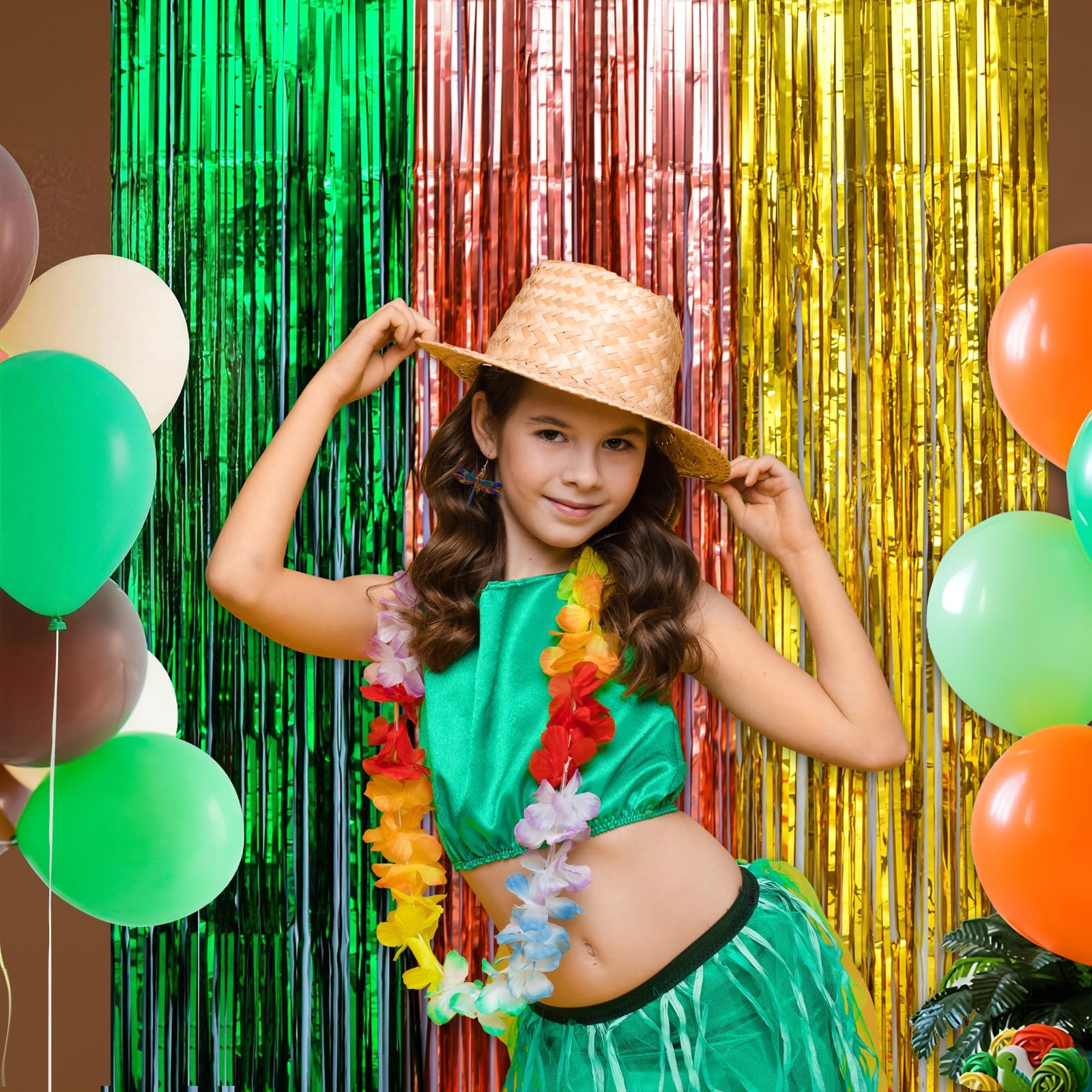 LOLStar Hawaiian Luau Foil Fringe Curtains, Tropical Party Backdrop, 2 Pack