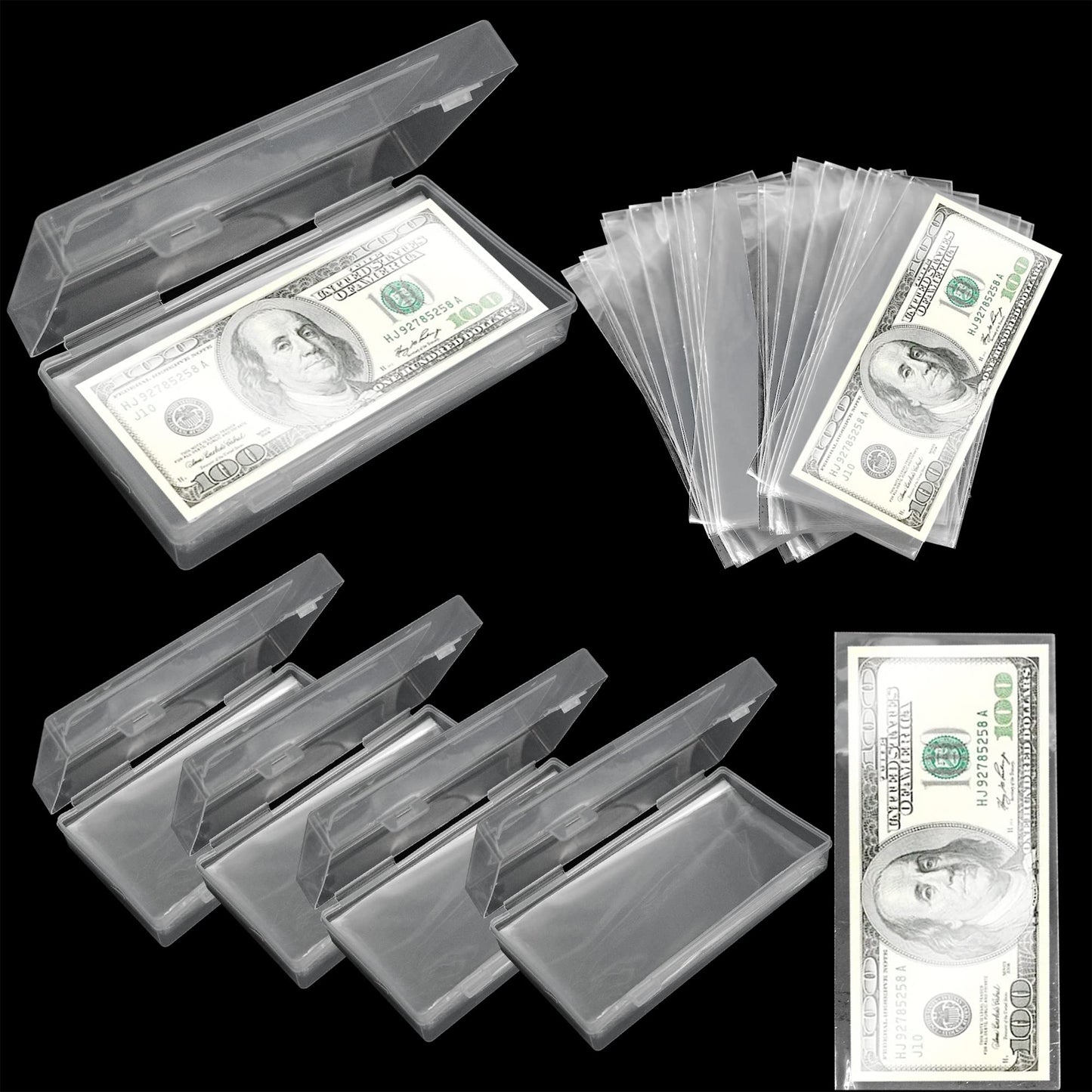 KEJJNYER 5 Pack Currency Sleeves Storage Case with 500 Pieces Dollar Bill Holder, Clear Plastic Paper Money Sleeve for Bills, Paper Currency Bill