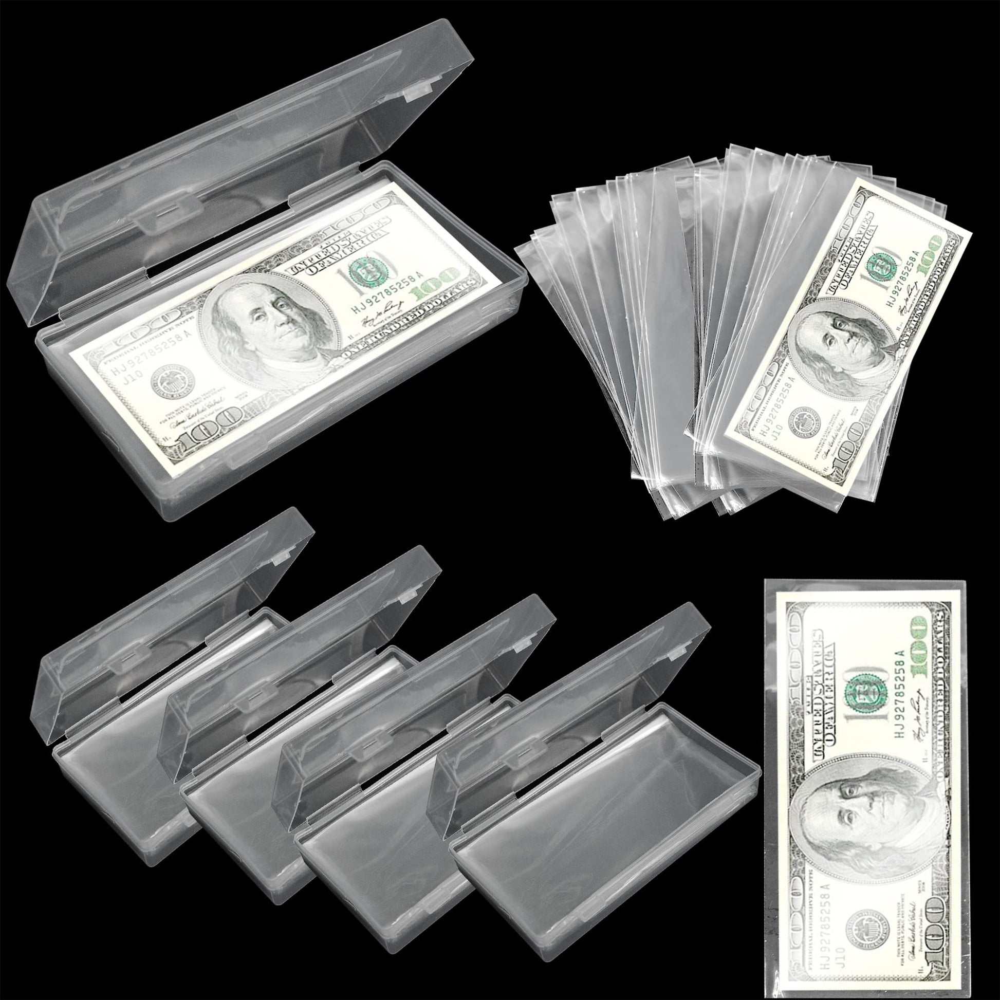 KEJJNYER 5 Pack Currency Sleeves Storage Case with 500 Pieces Dollar Bill Holder, Clear Plastic Paper Money Sleeve for Bills, Paper Currency Bill