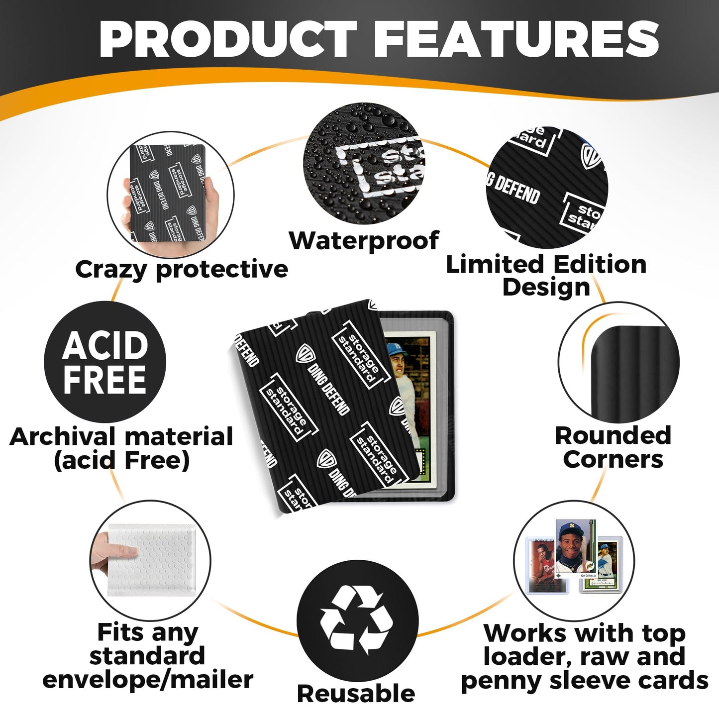 Ding Defend 110-Pack Trading Card Protector Shipping - 3.5 x 4.5 Inch Black Hobby Card Shipping Supplies w/Rounded Corners, Lightweight & Reusable for